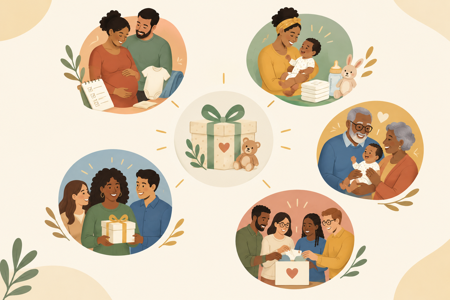 Infographic: Infographic showing who shops through a baby registry: expectant parents, new parents, grandparents, friends and colleagues, each with a small illustrated icon and a one-line description of their buying intent. Warm, friendly illustration style in soft South African-inspired colours. for 5 Reasons SA Retailers Should Join a Baby Registry Network