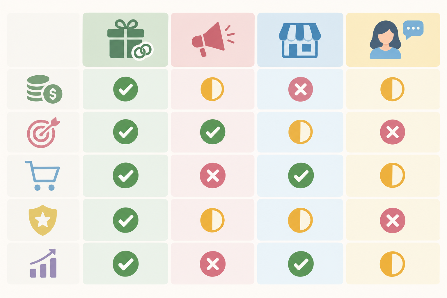 Comparison: Comparison table graphic with four columns (Registry partnership, Paid ads, Online marketplace, Influencer collaboration) and rows for upfront cost, buyer intent, who owns checkout, brand control and ease of measurement. Use simple tick, partial and cross icons, soft pastel colours, modern clean typography. for 5 Reasons SA Retailers Should Join a Baby Registry Network
