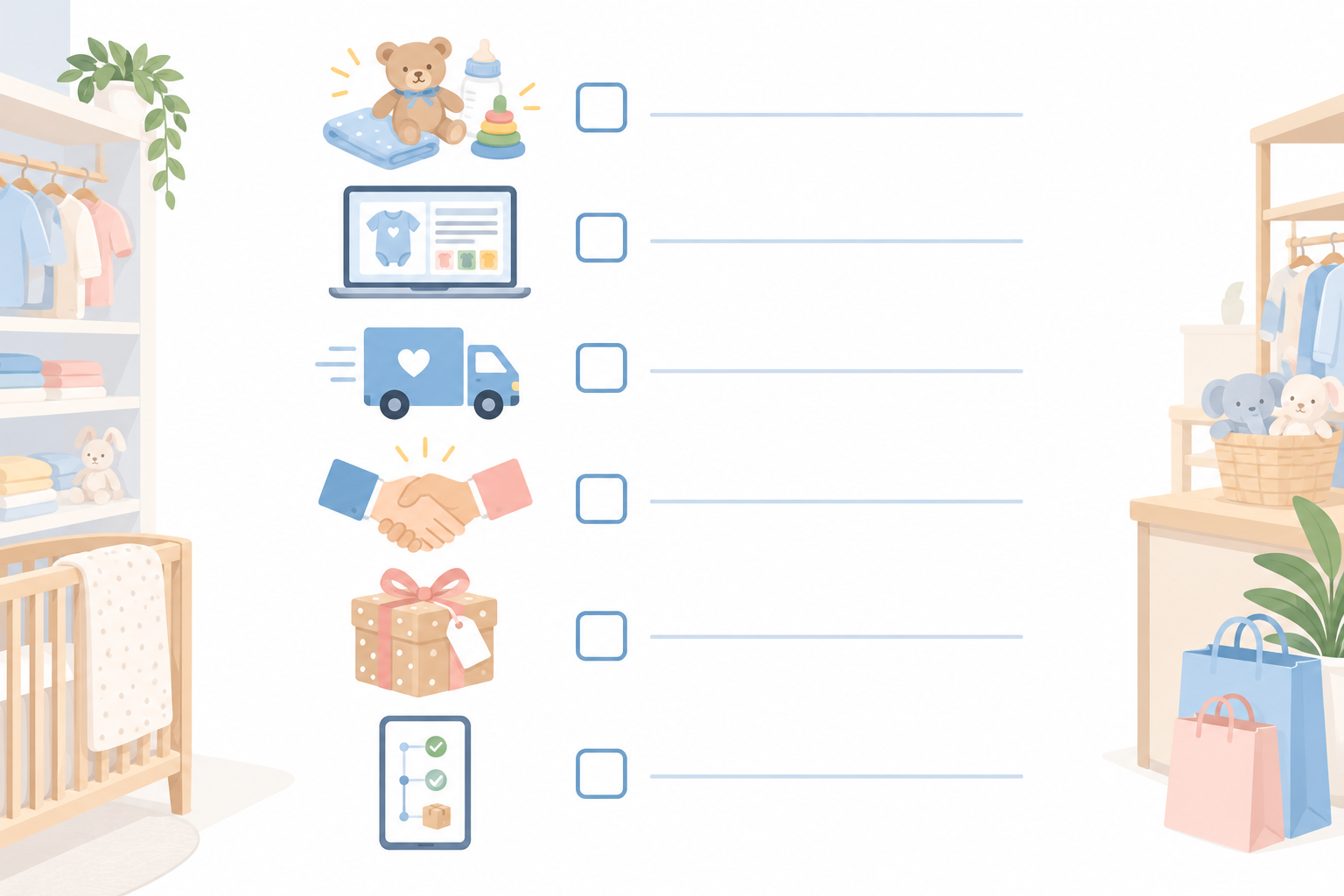 Infographic: Simple checklist infographic with six numbered steps for retailers preparing to join a baby registry platform: review giftable products, update product pages, confirm delivery times, ask about terms, prepare gift-friendly packaging, track results. Clean, friendly design with pastel accents. for 5 Reasons SA Retailers Should Join a Baby Registry Network