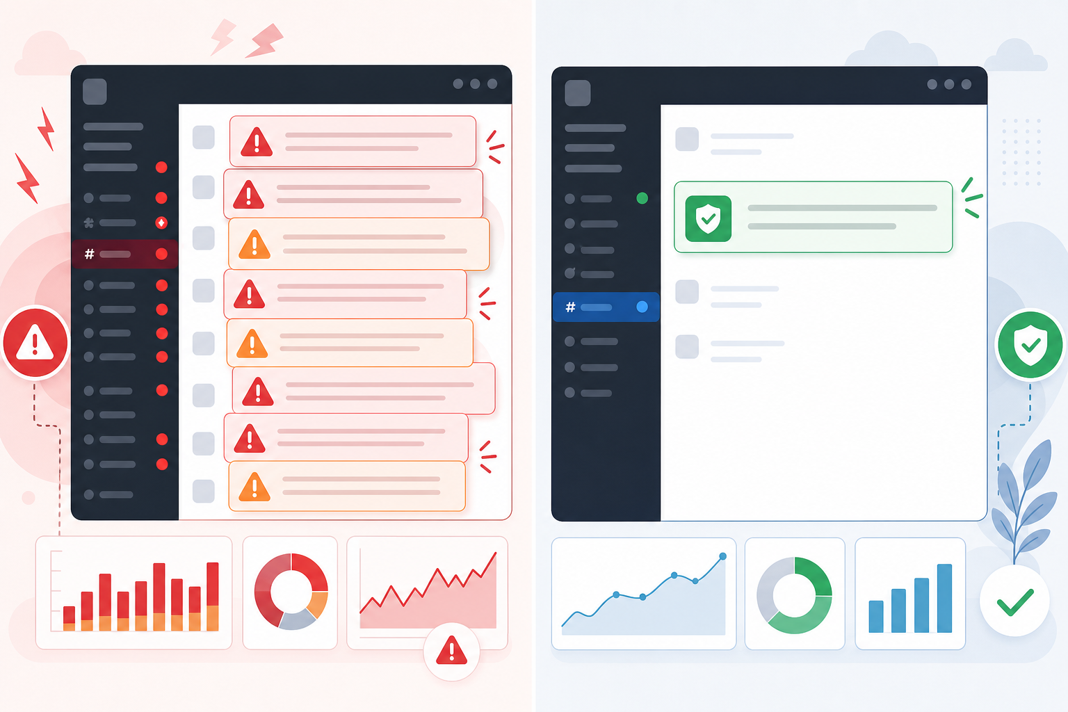 Comparison: A simple before/after comparison graphic showing a chaotic Slack channel full of red alert notifications on one side, and a calm, clean Slack channel with a single verified alert on the other side for 5 Signs Your Current Monitoring Setup Isn't Good Enough