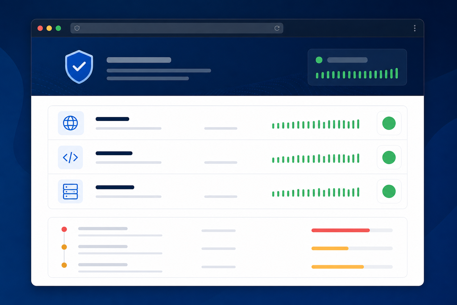Illustration: A mockup of a branded public status page showing green 'All Systems Operational' indicators for website, API, and server monitors, with a small incident history log below, in a modern SaaS UI style for 5 Signs Your Current Monitoring Setup Isn't Good Enough
