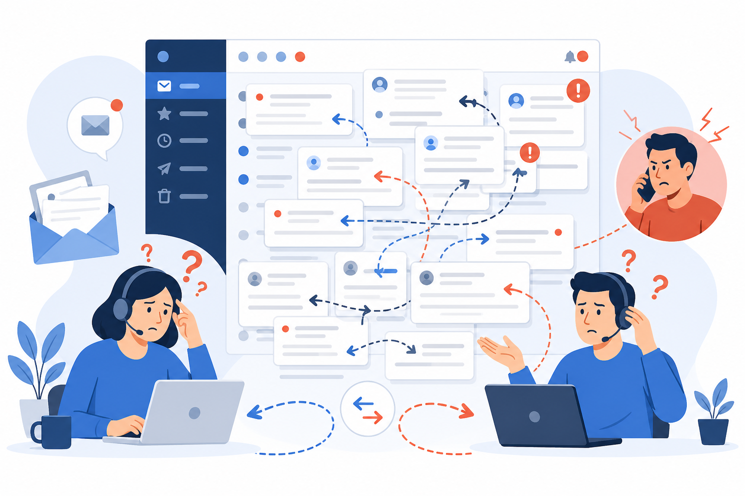 Illustration: Illustration of a crowded email inbox with overlapping reply arrows and a confused customer icon, showing miscommunication between two support agents for 5 Signs Your Support Team Has Outgrown Email-Only Support