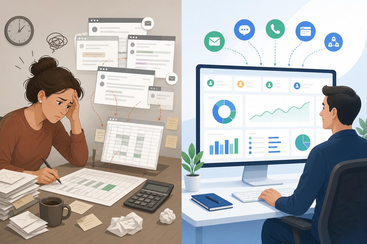 Chart: Side-by-side comparison illustration: a stressed person manually copying numbers into a spreadsheet on the left vs. an automated dashboard with charts populating instantly on the right. Alt text: manual spreadsheet reporting compared with automated help desk reporting. for 5 Signs Your Support Team Has Outgrown Email-Only Tools