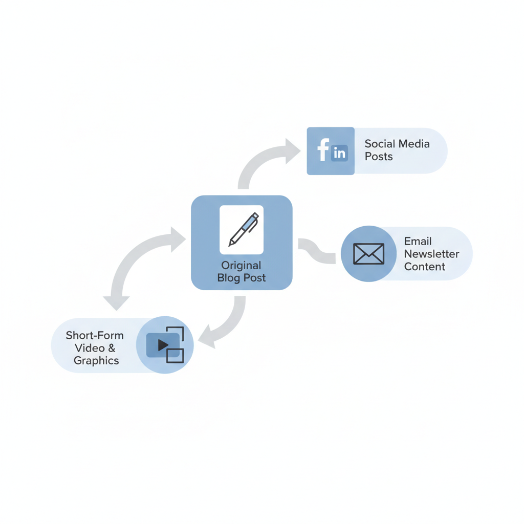 Infographic: An infographic showing how one cornerstone blog post branches into multiple content pieces: social posts, email content, and short-form versions, with arrows showing the transformation process for 5 Time-Saving Content Workflows for Busy Freelancers