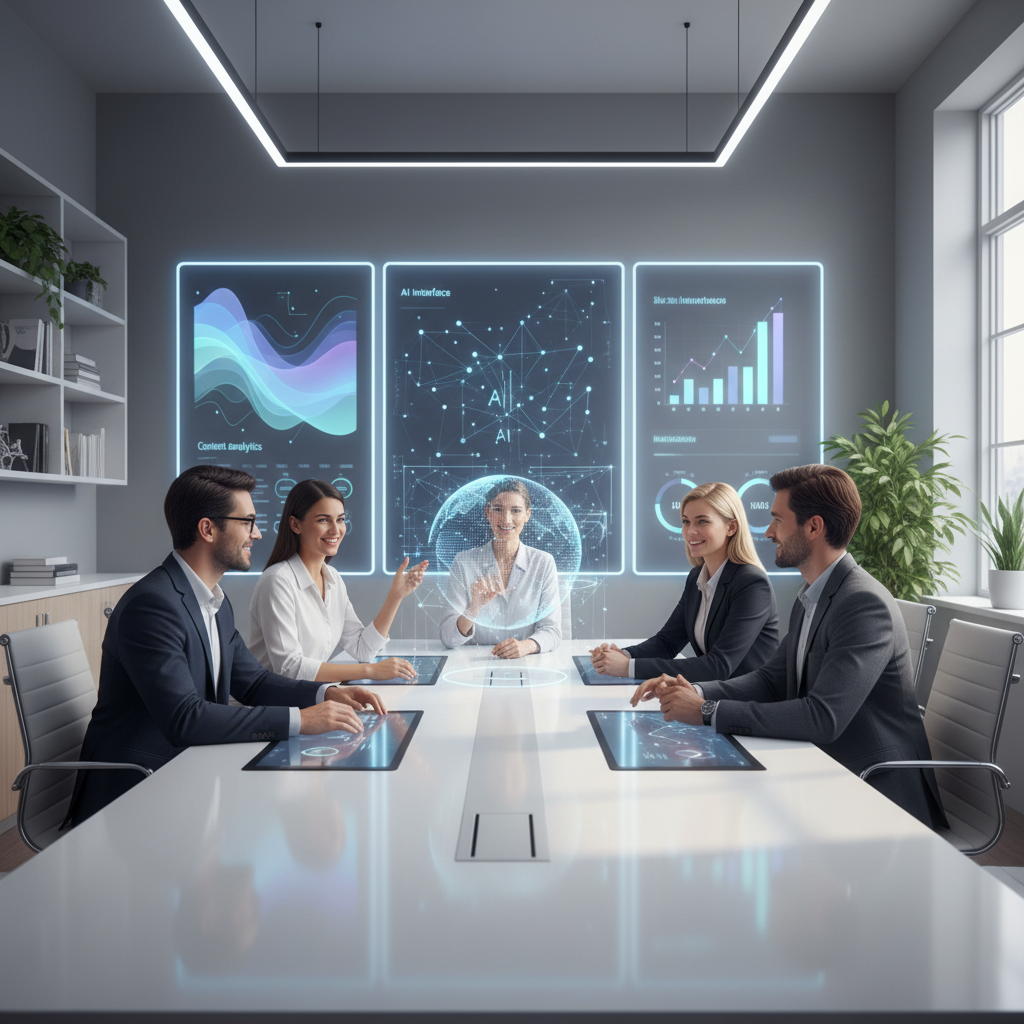 Illustration: A marketing team collaborating around a modern workspace with digital screens showing content analytics and AI interface elements, professional and approachable atmosphere, clean design with subtle tech elements for 7 Mistakes to Avoid When Adopting AI Content Tools