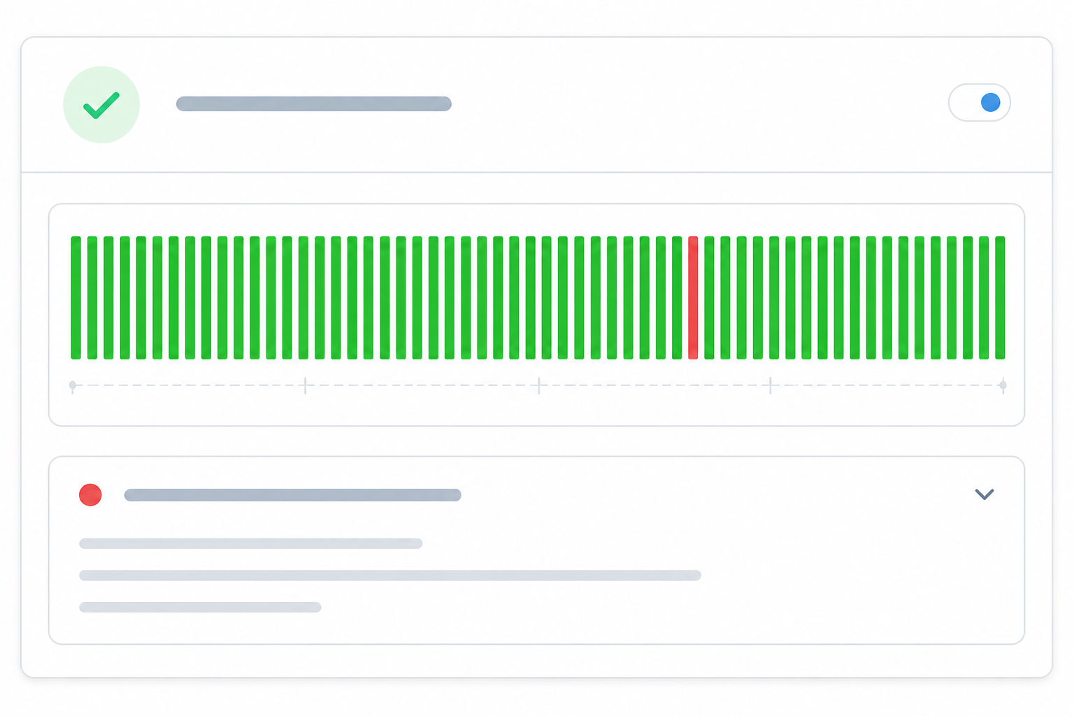 Chart: A simple uptime history chart showing 90 days of green uptime bars with one small red incident marker, paired with a brief incident log entry below it for 7 Status Page Examples That Build Customer Trust