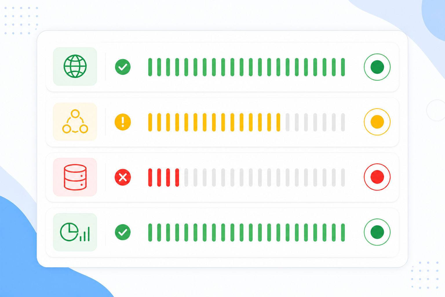Illustration: A status page mockup showing color-coded component statuses (green, amber, red) for Website, API, Database, and Dashboard, with clean typography and plain-language labels for 7 Status Page Examples That Build Customer Trust
