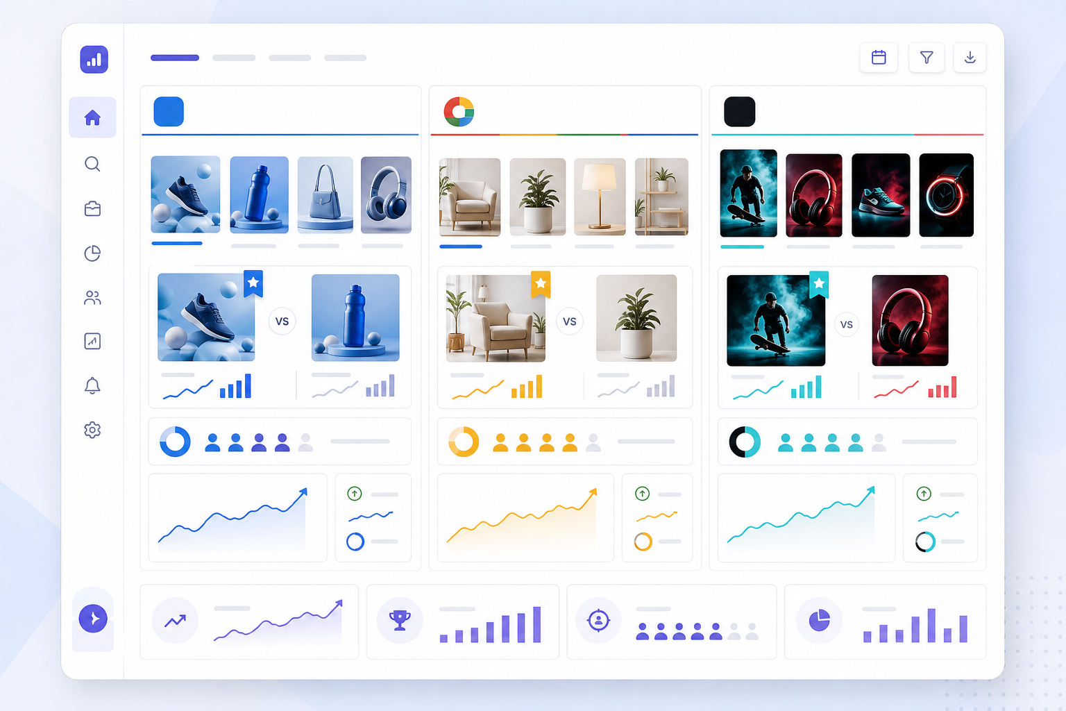 Illustration: A dashboard screenshot mockup showing a competitor ad audit with Meta, Google, and TikTok ad creatives side by side, clean modern SaaS UI for 7 Ways Ad Monitoring Helps Agencies Win More Client Pitches