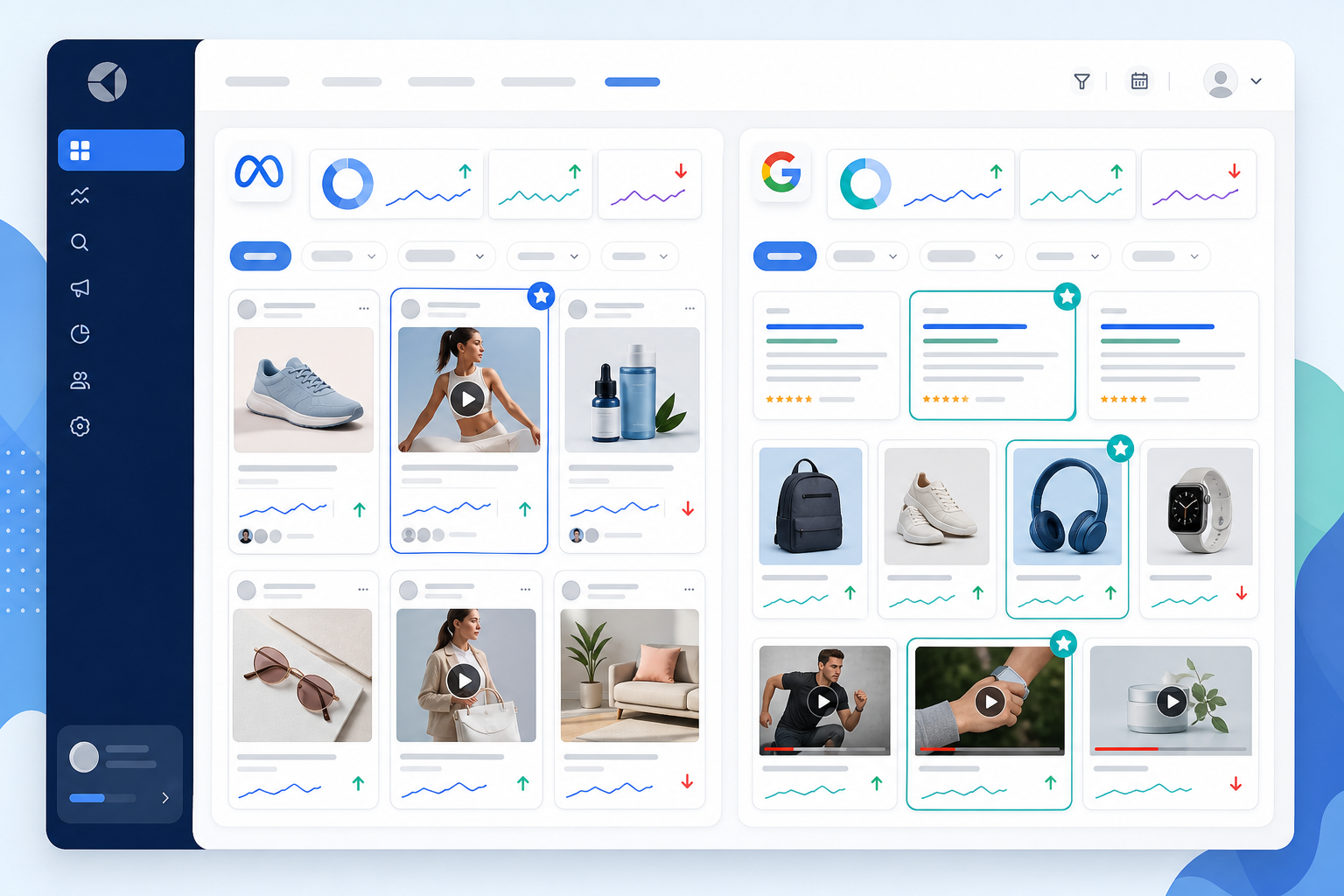 Illustration: A whitelabel dashboard mockup showing competitor ad creatives from Meta and Google side by side with week-over-week change indicators, clean SaaS UI style. Alt text: Whitelabel ad monitoring dashboard comparing competitor ad creatives across Meta and Google with change indicators. for 7 Ways Agencies Win New Clients With Whitelabel Ad Monitoring
