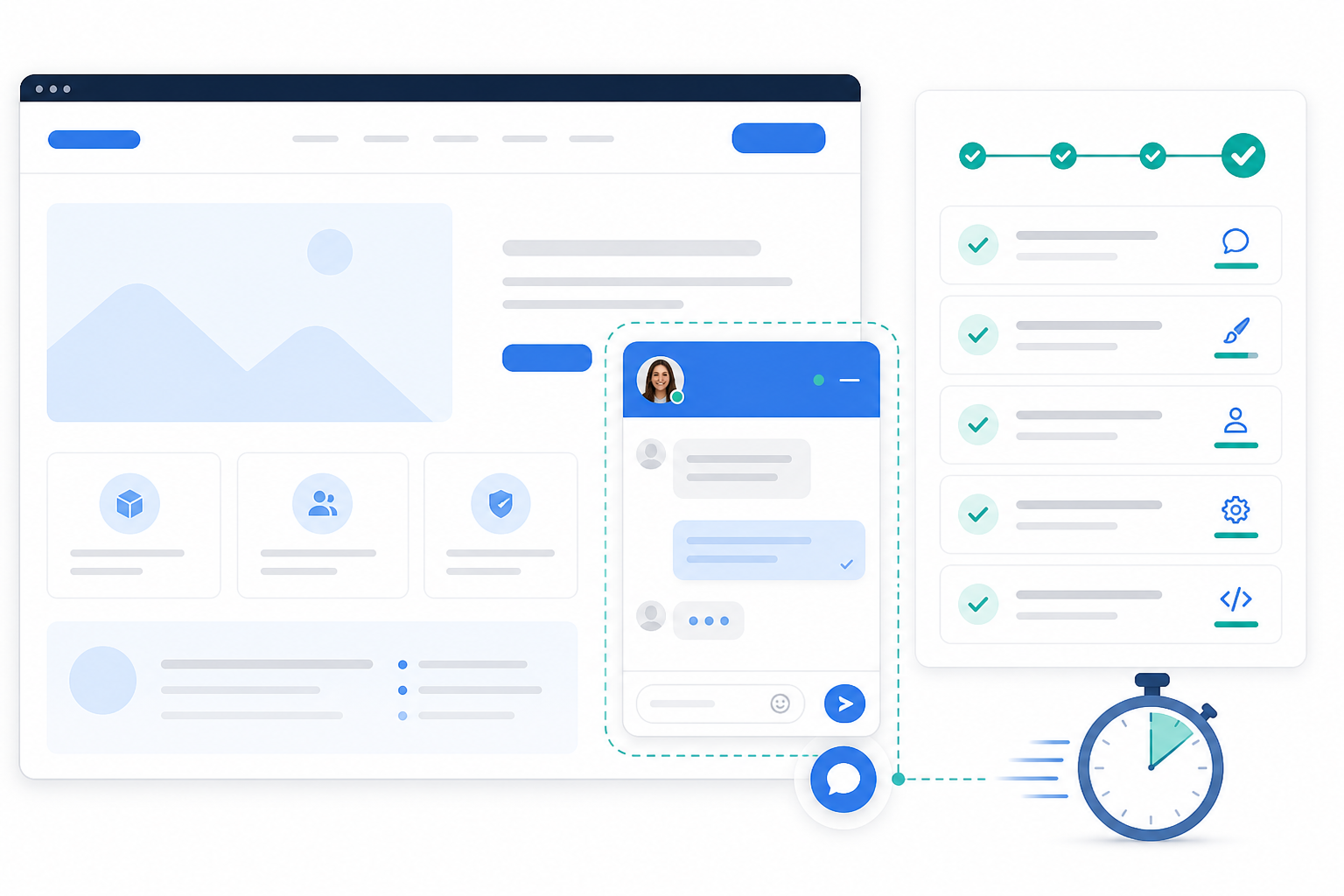 Illustration: A clean screenshot-style mockup showing a live chat widget being customized on a website, with a simple setup checklist overlay showing steps completed in under 5 minutes for A 7-Day Free Trial Checklist for Testing Support Software