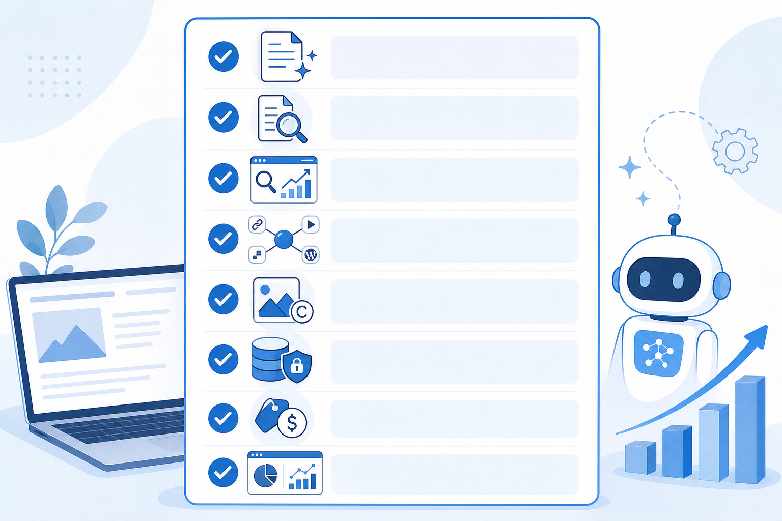 Infographic: A checklist-style infographic listing what to check in an AI blog generator - content quality, fact-checking, SEO optimisation, publishing integrations, image licensing, data handling, pricing, and analytics - minimal blue and white design with checkmarks for A Beginner's Guide to Automating Your Blog Content