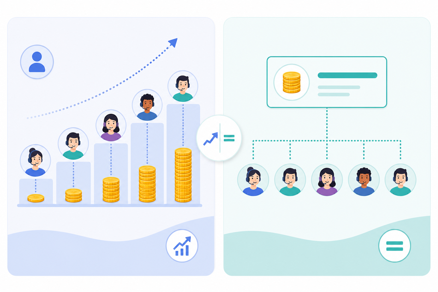 Comparison: A simple side-by-side comparison table graphic showing per-seat pricing costs multiplying with team size versus a flat monthly rate staying constant as you add agents, in a friendly flat-design style with clear labels for A Buyer's Guide to Help Desk Software for Multi-Brand Teams