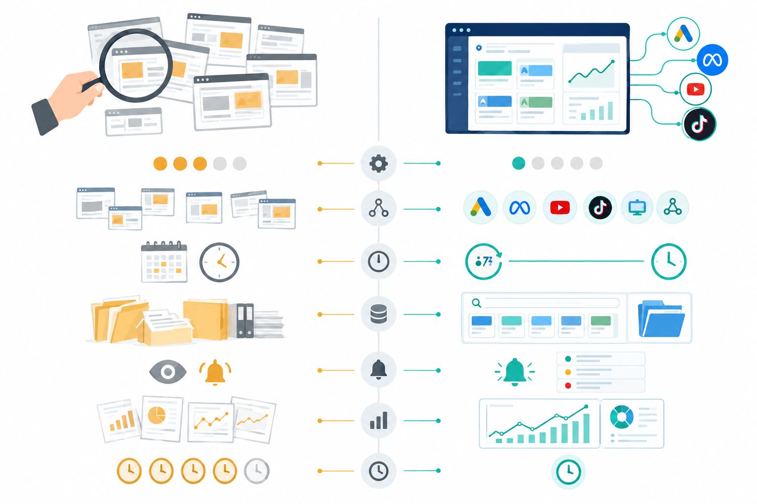 Comparison: Comparison table graphic with two columns, Manual Research versus Automated Ad Monitoring, comparing setup time, platform coverage, frequency, archive, change detection, analysis and weekly hours, clean modern design for A CMO's Guide to Competitive Ad Intelligence, No Manual Grind