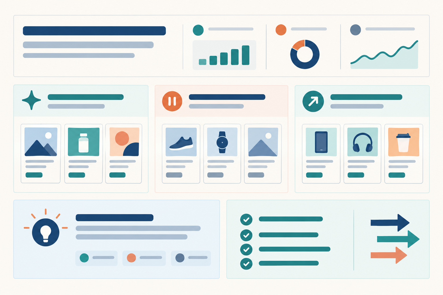 Illustration: Mock one-page executive competitor ad brief layout showing headline moves, new versus stopped versus scaling ads, strategic interpretation and recommended actions, simplified wireframe style for A CMO's Guide to Competitive Ad Intelligence, No Manual Grind