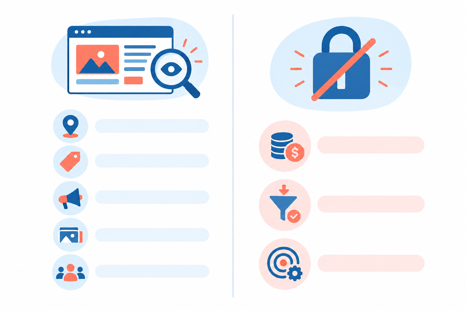 Infographic: Infographic with two columns: 'What ads reveal' (positioning, offers, channels, creative themes, audience clues) and 'What they don't reveal' (spend, conversion rates, targeting settings), clean icons, flat design, blue and coral palette for A CMO's Guide to Competitive Ad Intelligence, No Manual Grind