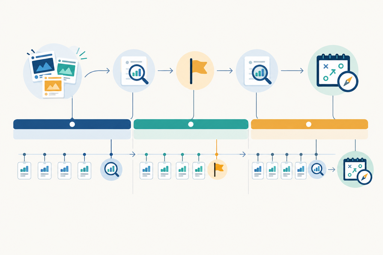 Diagram: Quarterly calendar timeline diagram showing weekly digests, a monthly review, a mid-quarter checkpoint and a quarterly planning session where competitor ad insights feed into decisions for A CMO's Guide to Competitive Ad Intelligence, No Manual Grind