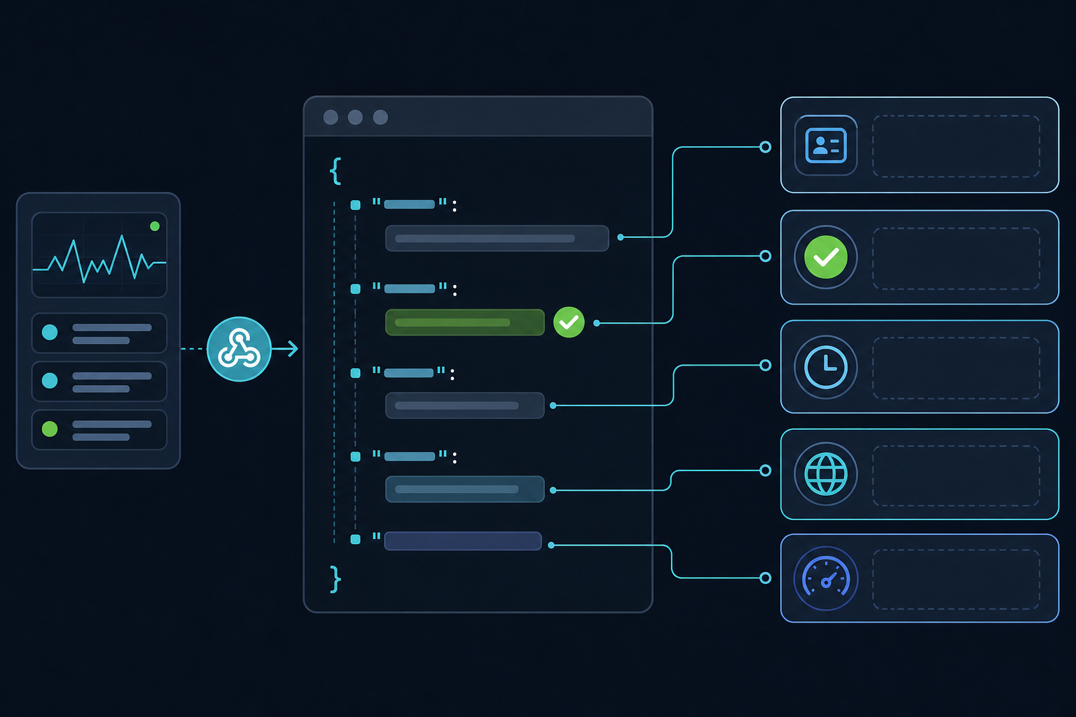 Diagram: A simple annotated diagram of a JSON webhook payload showing labeled fields like monitor ID, status, timestamp, region, and response time, clean flat design on a dark background. Alt text: "Annotated diagram of a monitoring webhook JSON payload with fields for monitor ID, status, timestamp, verified region, and response time labeled. for A Developer's Guide to Webhook Alerts for Monitoring