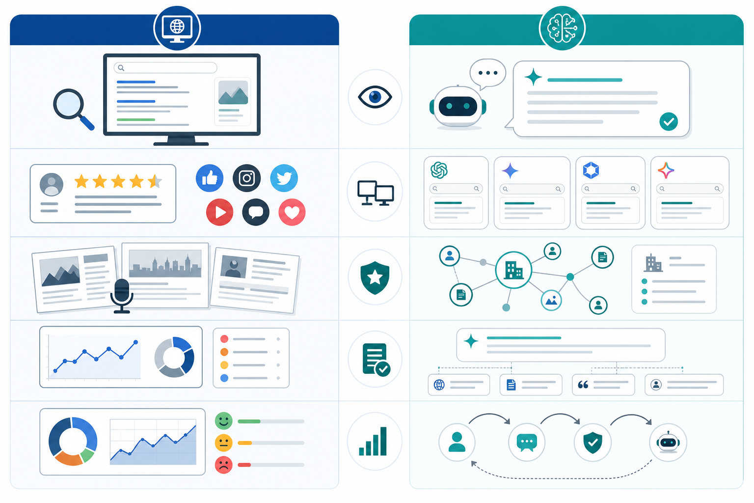 Comparison: A side-by-side comparison table graphic contrasting traditional ORM practices with AI search reputation management, styled for easy scanning by agency account managers for A Guide to Managing Brand Reputation Across AI Search Platforms