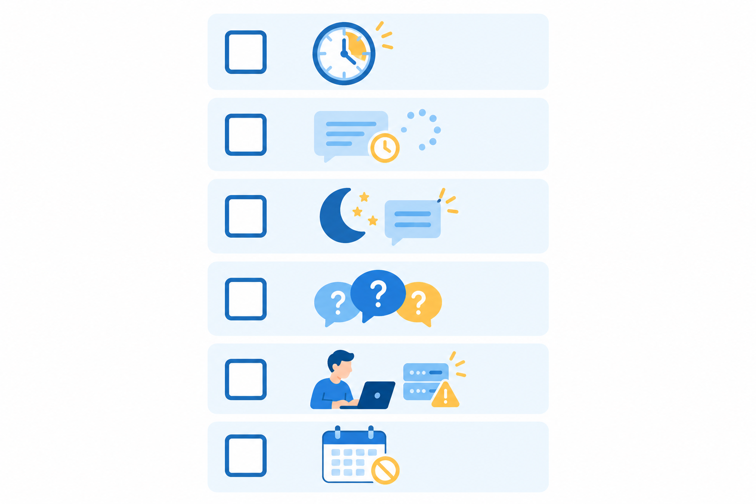 Infographic: A clean checklist-style infographic titled 'Is It Time to Hire?' with six checkbox items such as time spent on support, slipping response times, after-hours messages, repeated questions, single point of failure, and no days off, in a friendly flat design with soft blues and warm yellow accents for A SaaS Founder's Guide to Making Your First Support Hire