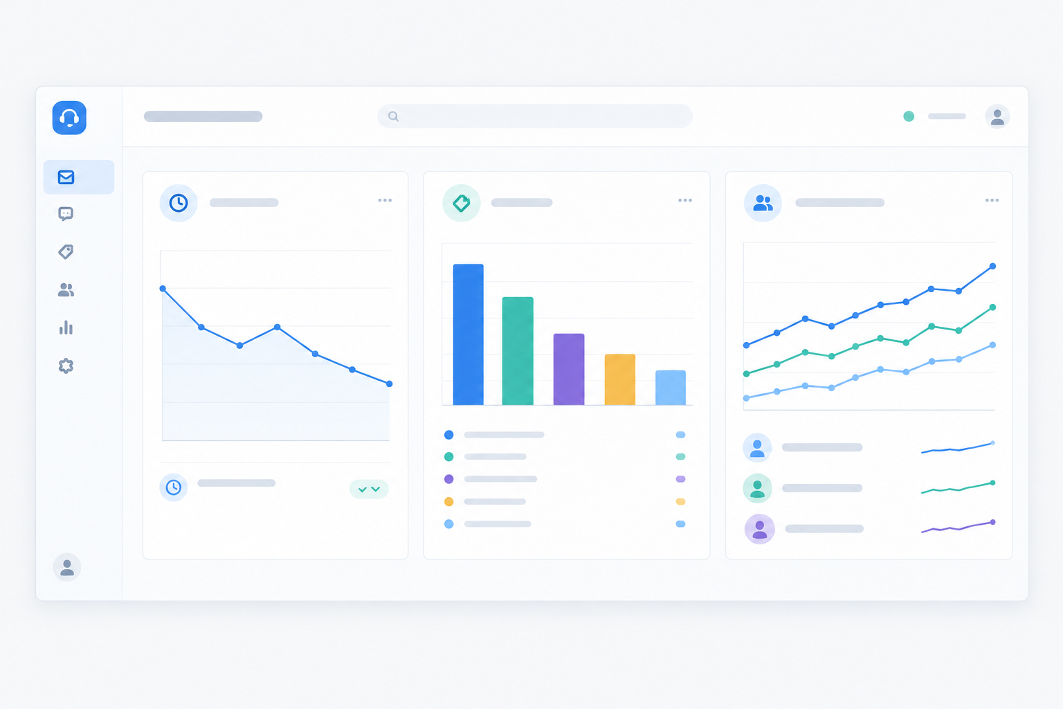 Illustration: A mock dashboard screenshot-style visual of a shared inbox reporting view showing average first response time, conversation volume by tag, and team performance over the past four weeks, with a simple, uncluttered layout for A SaaS Founder's Guide to Making Your First Support Hire