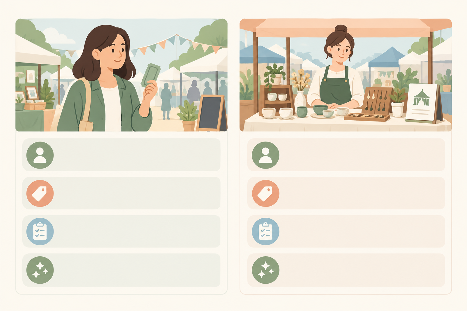 Comparison: Clean comparison table graphic with two columns, Visitor Entry and Vendor Stall, showing who buys it, example price ranges in rand (R30 to R80 and R300 to R1,200), what it covers and suggested extras, friendly modern design with soft colours for A Simple Guide to Selling Tickets for Markets & Pop-Ups