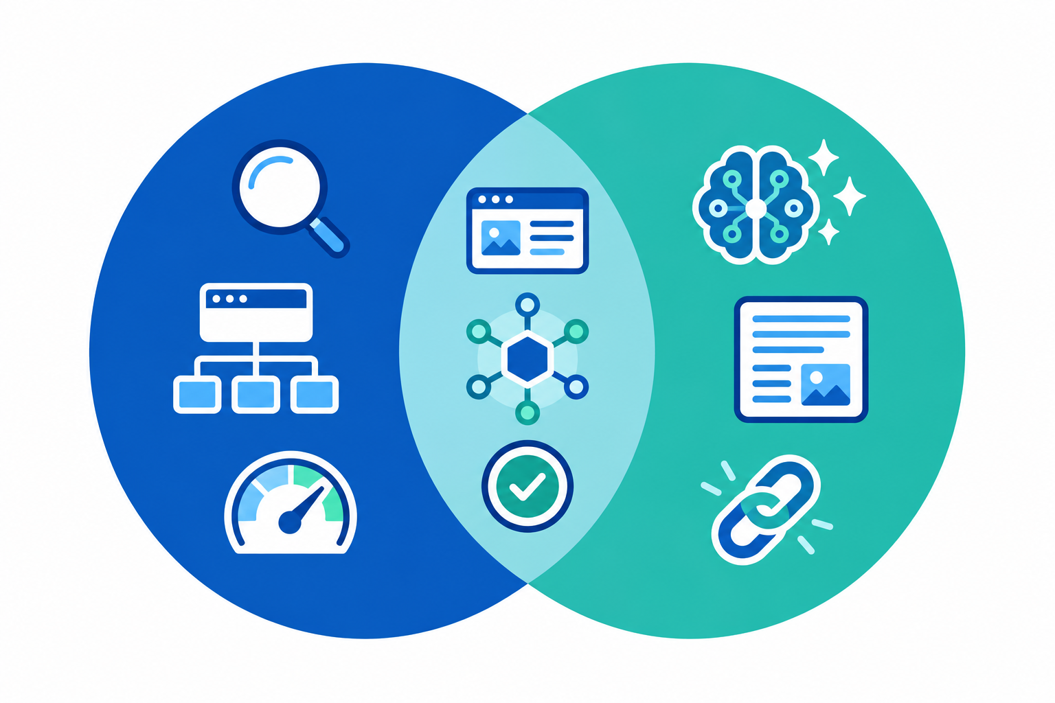 Diagram: Venn diagram showing overlap between technical SEO audits and AI legibility audits, with shared elements in the centre and unique concerns on each side for A Technical Guide to AI Legibility Audits for SaaS Sites