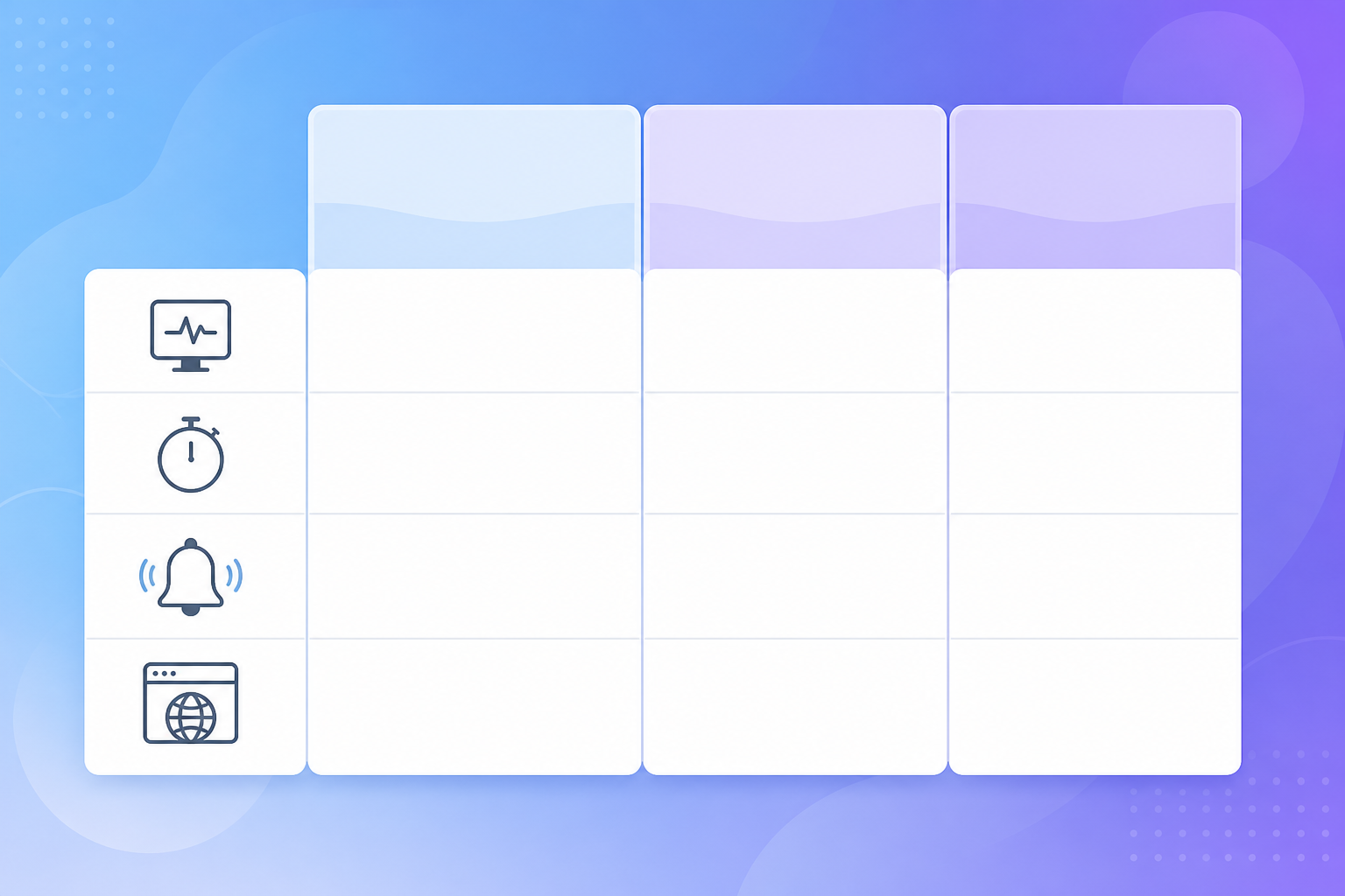 Comparison: A clean comparison table graphic showing three pricing tiers side by side (Free, Solo, Max) with rows for monitor count, check interval, alert channels, and status pages, minimalist SaaS pricing table style, soft gradient background for Affordable Uptime Monitoring: What Small Businesses Actually Need
