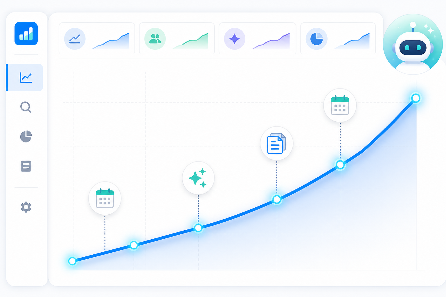 Chart: A line chart showing organic traffic growth over six months trending sharply upward, with annotations marking increased publishing frequency milestones, in a clean SEO analytics dashboard style for AI Content Tools in 2024: How They're Reshaping Blogging