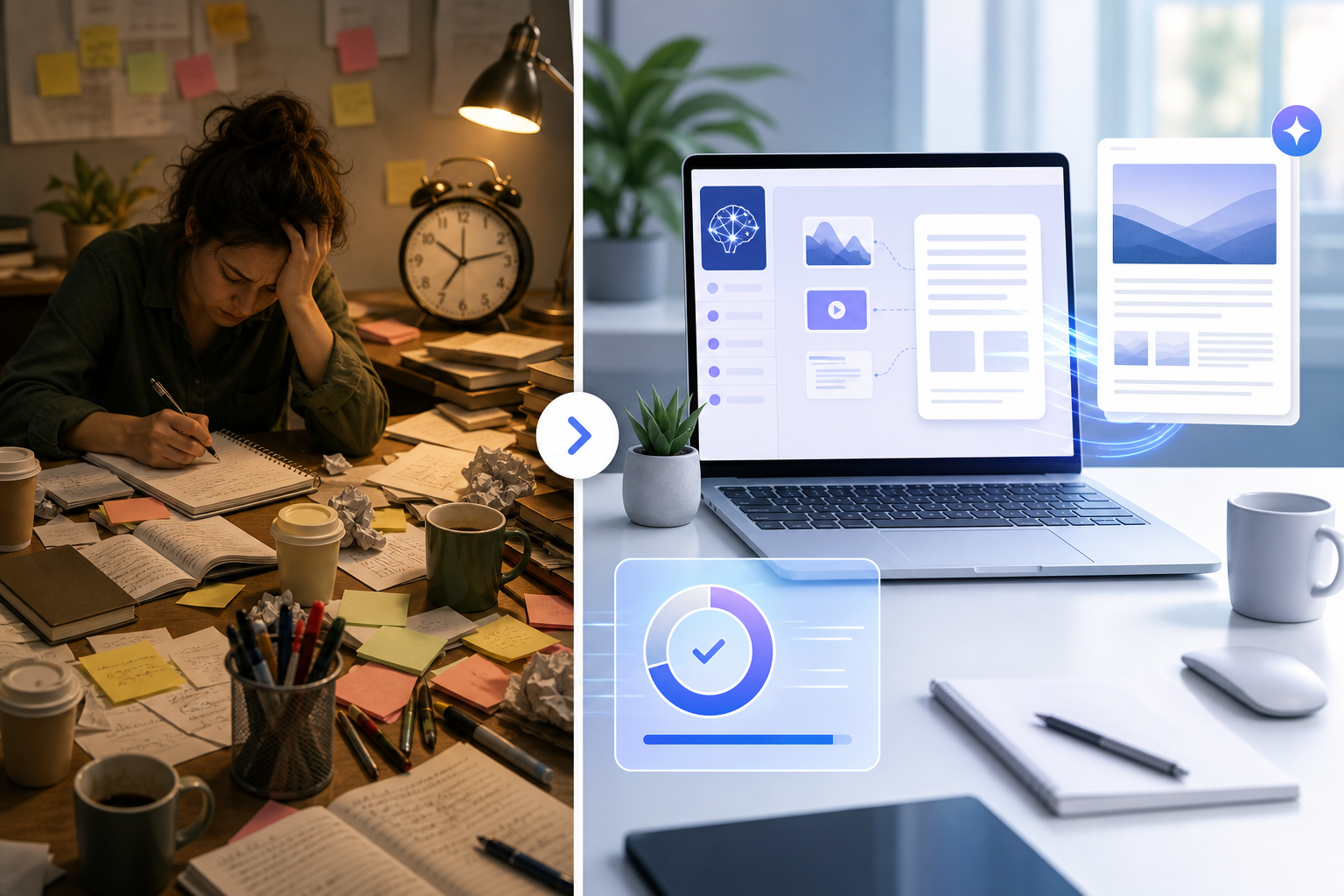 Comparison: A side-by-side comparison graphic showing a cluttered desk with sticky notes, coffee cups, and a clock representing hours of manual blogging work, versus a clean, streamlined interface showing an AI dashboard generating a finished blog post in minutes for AI Content Tools in 2024: How They're Reshaping Blogging