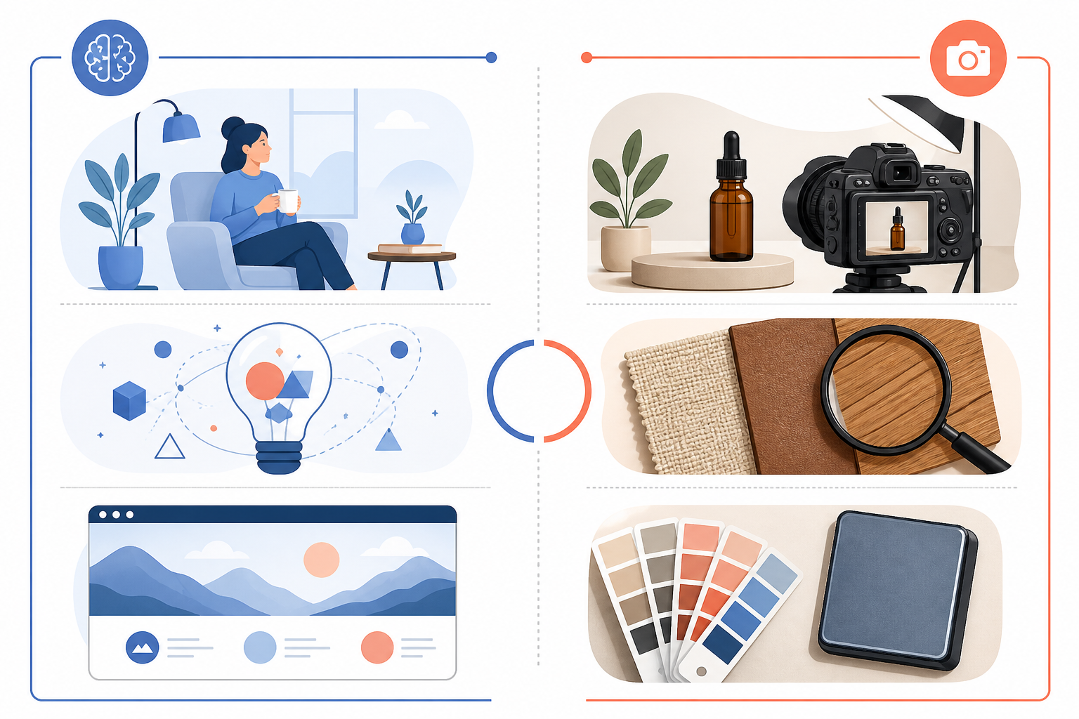 Infographic: A side-by-side comparison graphic showing categories of blog visuals: 'AI-Generated Works Well' (lifestyle scenes, conceptual graphics, blog headers) versus 'Real Photography Needed' (product close-ups, texture, true colour), clean infographic style with icons for AI-Generated Images: A Visual Content Strategy Guide