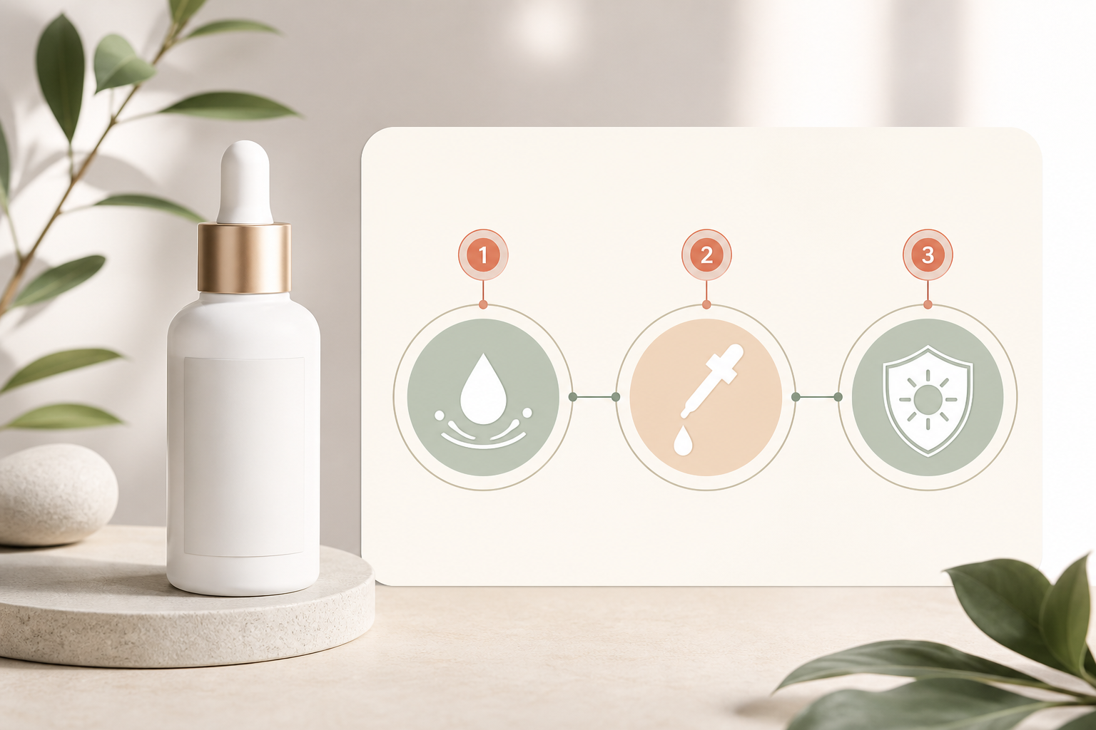 Diagram: A skincare product photo alongside an AI-generated diagram showing a three-step morning routine with numbered icons, clean minimal style matching brand colours for AI-Generated Images: A Visual Content Strategy Guide
