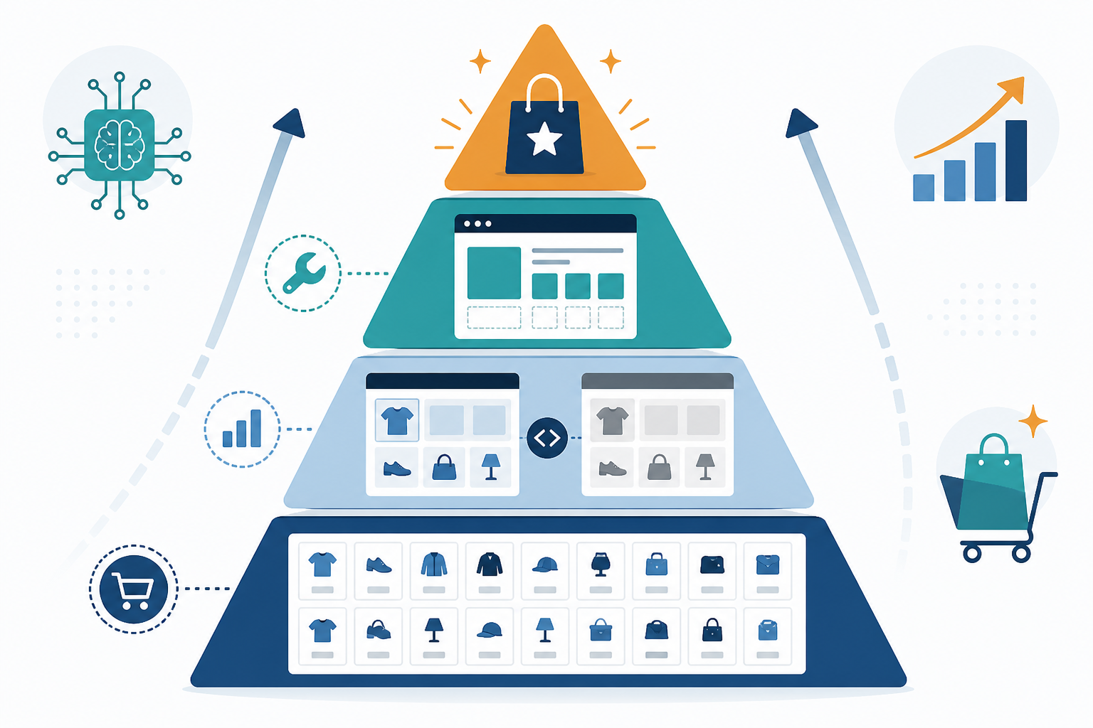 Diagram: A funnel or pyramid diagram showing prioritisation tiers for e-commerce legibility fixes: top revenue SKUs first, then template-level fixes, then category gaps versus competitors, then full catalogue, clean data-visualisation style for AI Legibility Audits: Why E-commerce Sites Need Them Now
