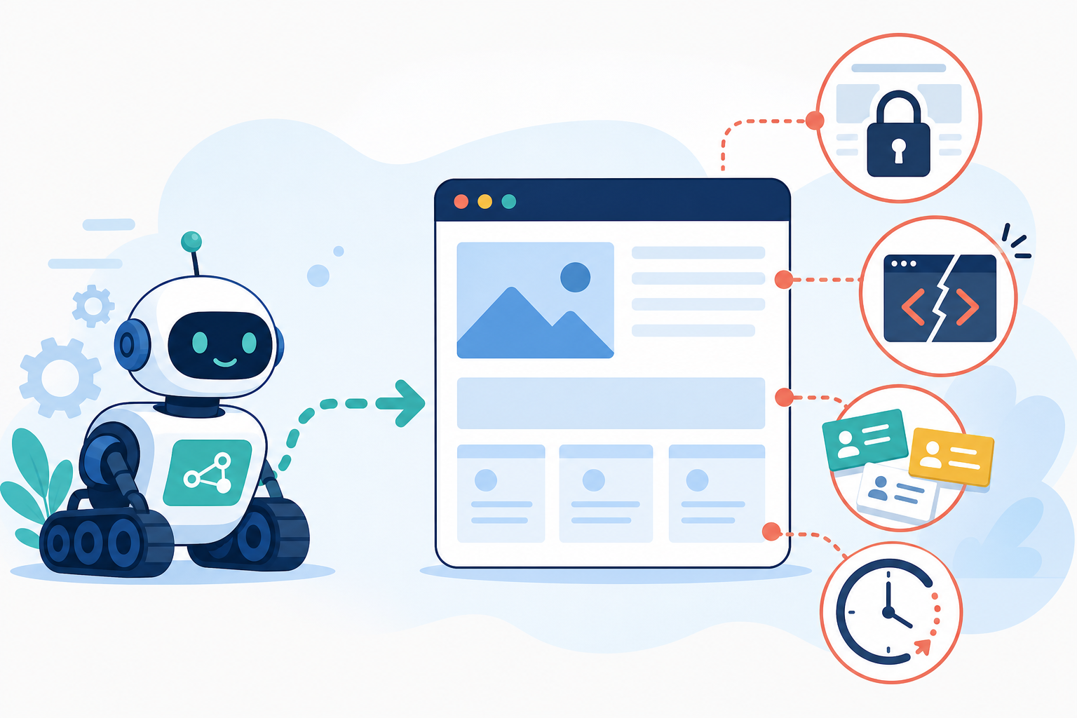 Diagram: A simple diagram showing an AI crawler bot hitting a small business website, with visual icons representing common blockers: a padlock over content, a broken JavaScript icon, scattered address cards, and a clock symbol for timeout — clean flat vector style for AI Legibility Checklist: Is Your Small Business Site Readable?