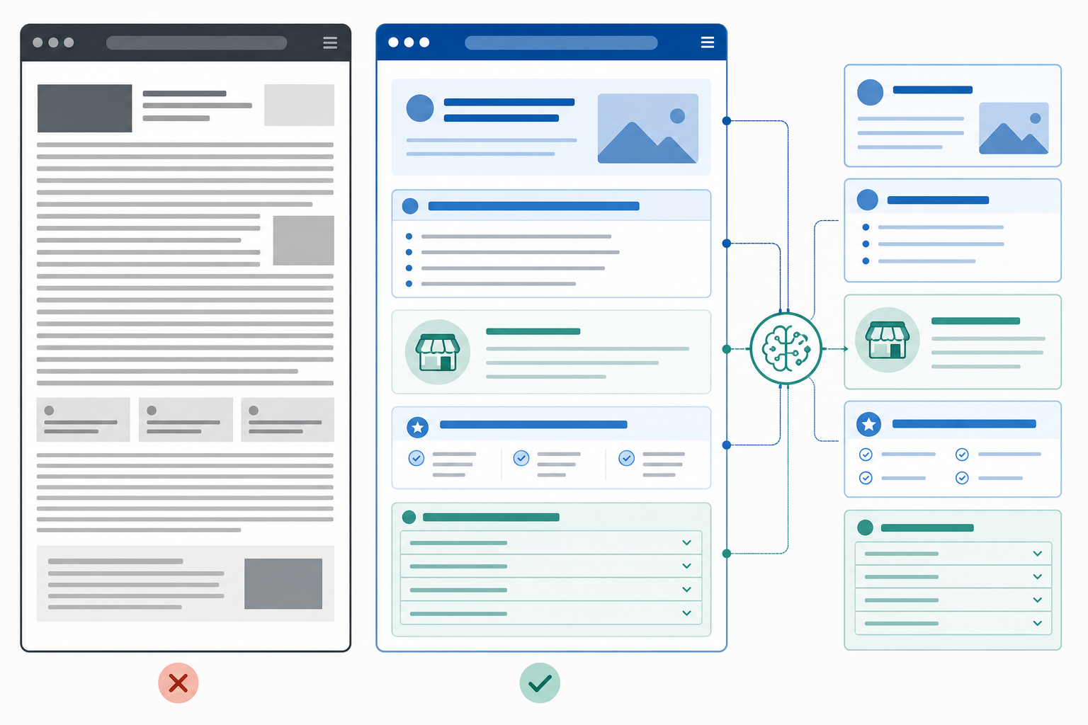 Infographic: A side-by-side infographic comparing a poorly structured webpage (dense paragraph, vague headers) against a well-structured page (clear H2 questions, bullet points, FAQ block) with an AI extraction highlight overlay on the well-structured version for AI Legibility Checklist: Is Your Small Business Site Readable?