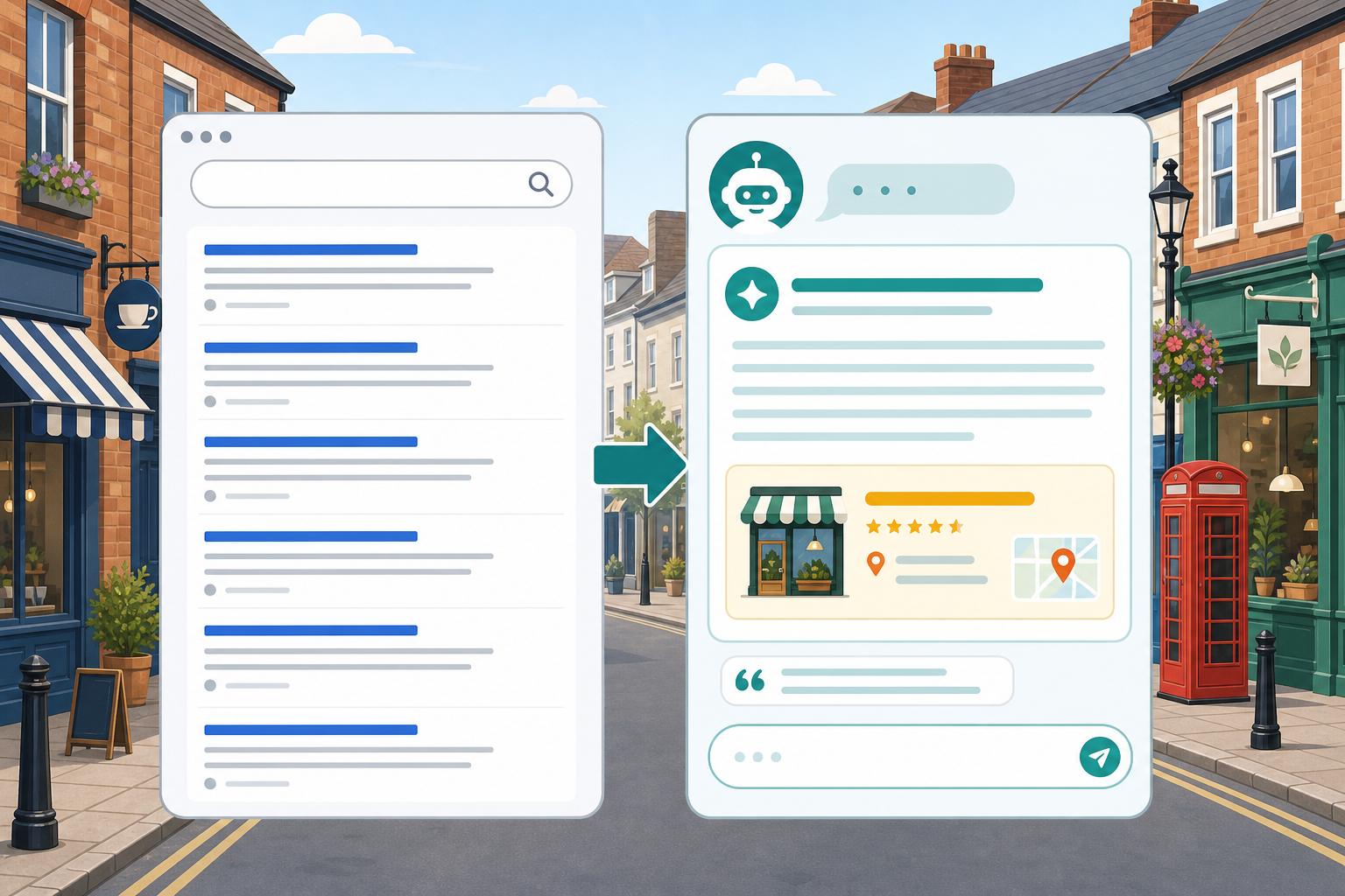 Diagram: Simple side-by-side diagram comparing traditional Google search results (list of blue links) versus an AI chat assistant giving one synthesized answer with a cited business name, minimal flat design, UK-friendly high street imagery for AI SEO for Small Business: Getting Found by ChatGPT