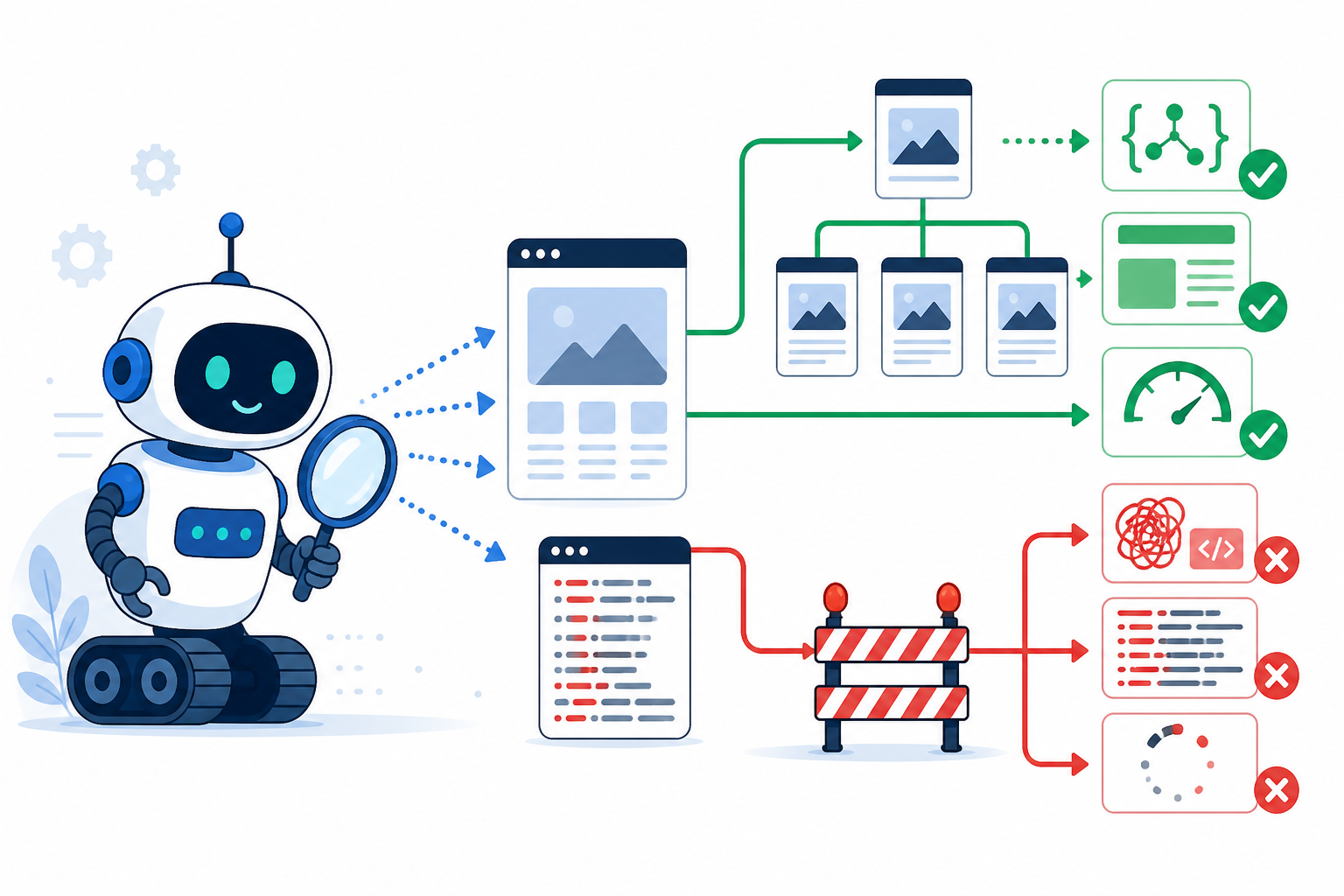 Diagram: Flat-style diagram showing an AI crawler bot reading a simplified website structure with clear headings, schema markup tags, and fast-loading content highlighted in green versus JavaScript-heavy blocked content highlighted in red for AI SEO for Small Business: Getting Found by ChatGPT
