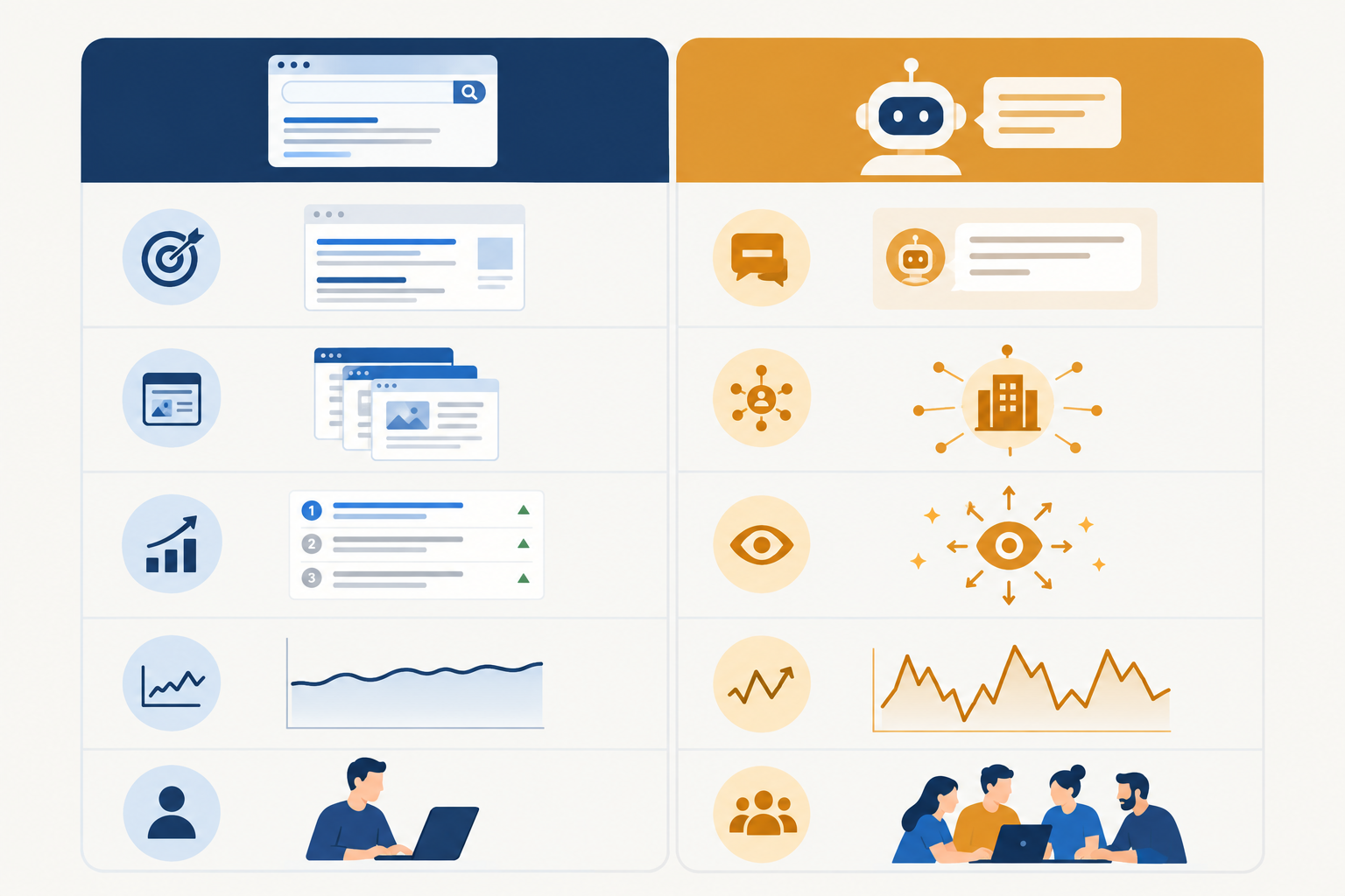 Comparison: Side-by-side comparison table graphic contrasting traditional SEO and AI SEO across goal, unit of competition, key metric, volatility and reporting owner, clean modern design with navy and amber accents for AI SEO vs Traditional SEO: What Actually Changes for Brands