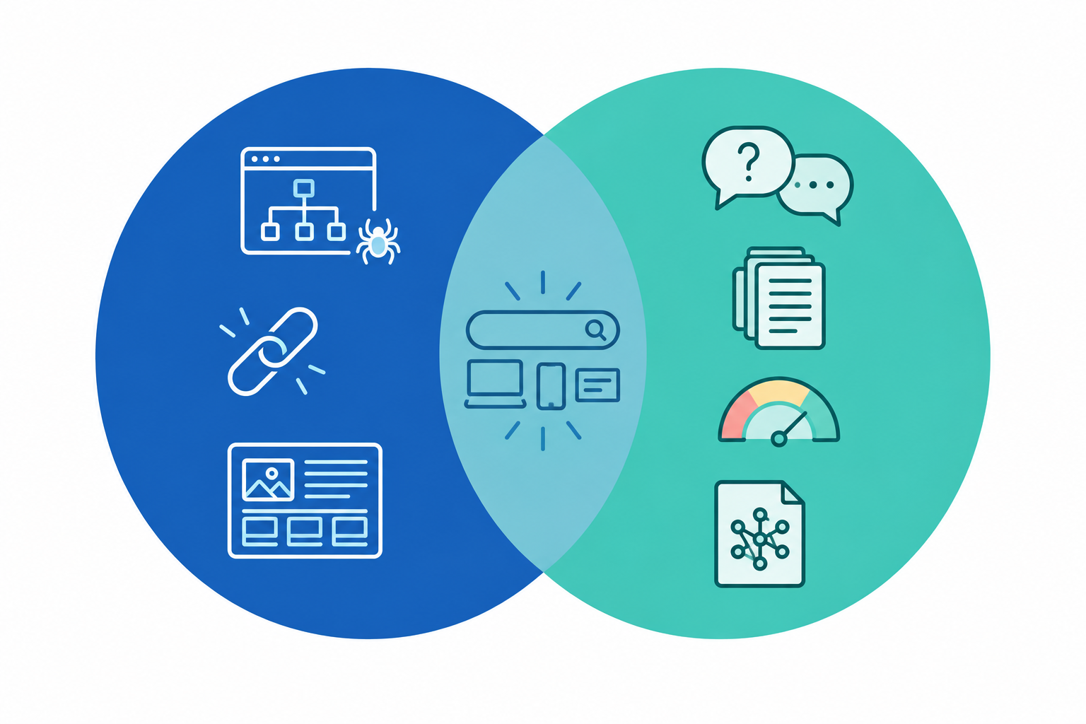 Diagram: Diagram showing which SEO activities carry over (technical crawlability, authority, structured content) versus AI-specific activities (question coverage, citation sources, sentiment, AI legibility) as overlapping circles for AI SEO vs Traditional SEO: What Actually Changes for Brands