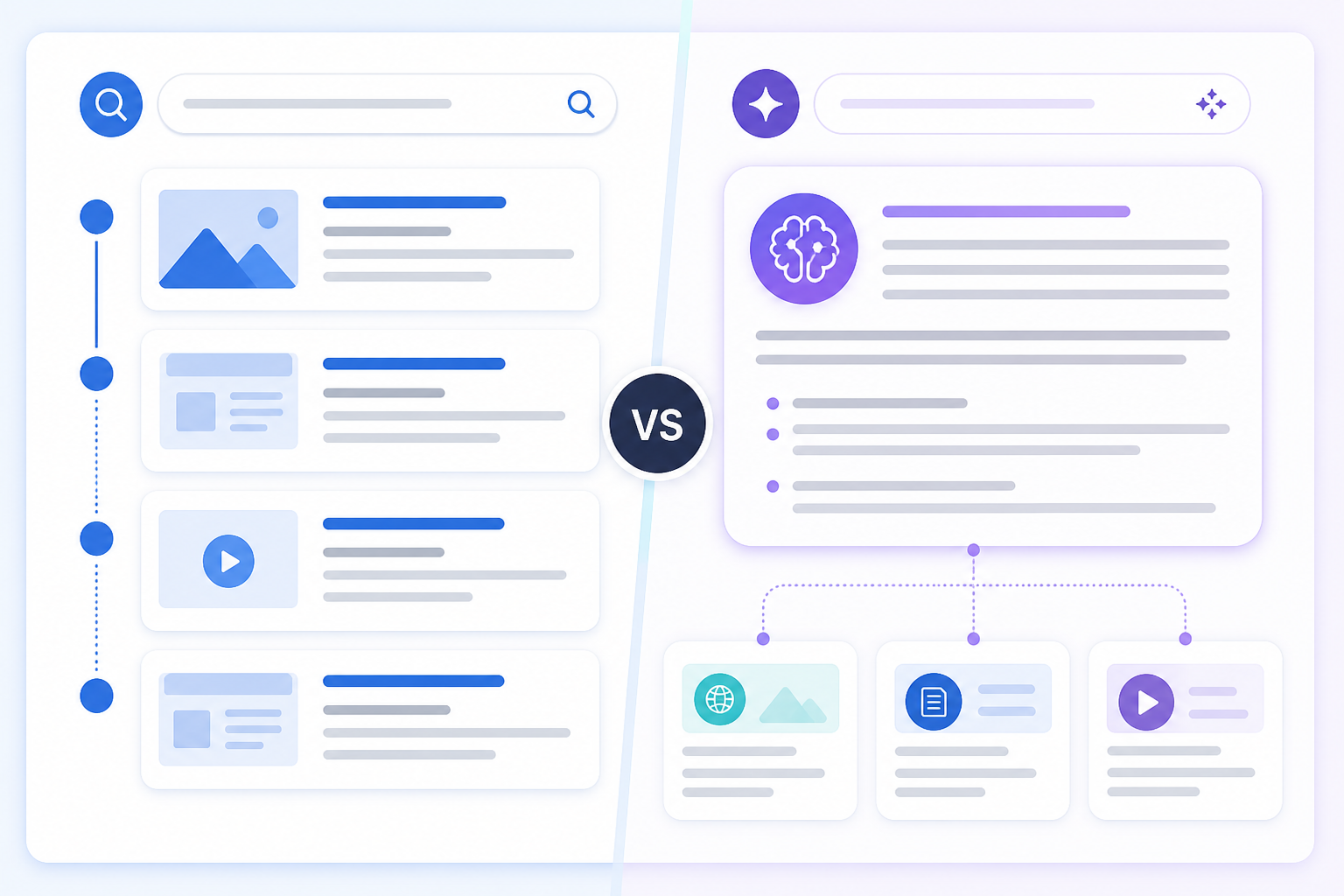 Comparison: Split-screen comparison showing a traditional Google search results page next to an AI Overview or ChatGPT answer with source citations highlighted for AI SEO vs Traditional SEO: What Marketers Must Know