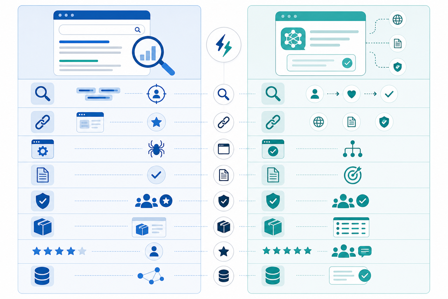 Comparison: A side-by-side comparison table graphic contrasting traditional SEO ranking factors against AI SEO citation factors for SaaS and DTC product queries, using clean rows and columns with icons for AI SEO vs Traditional SEO: What SaaS Brands Must Know