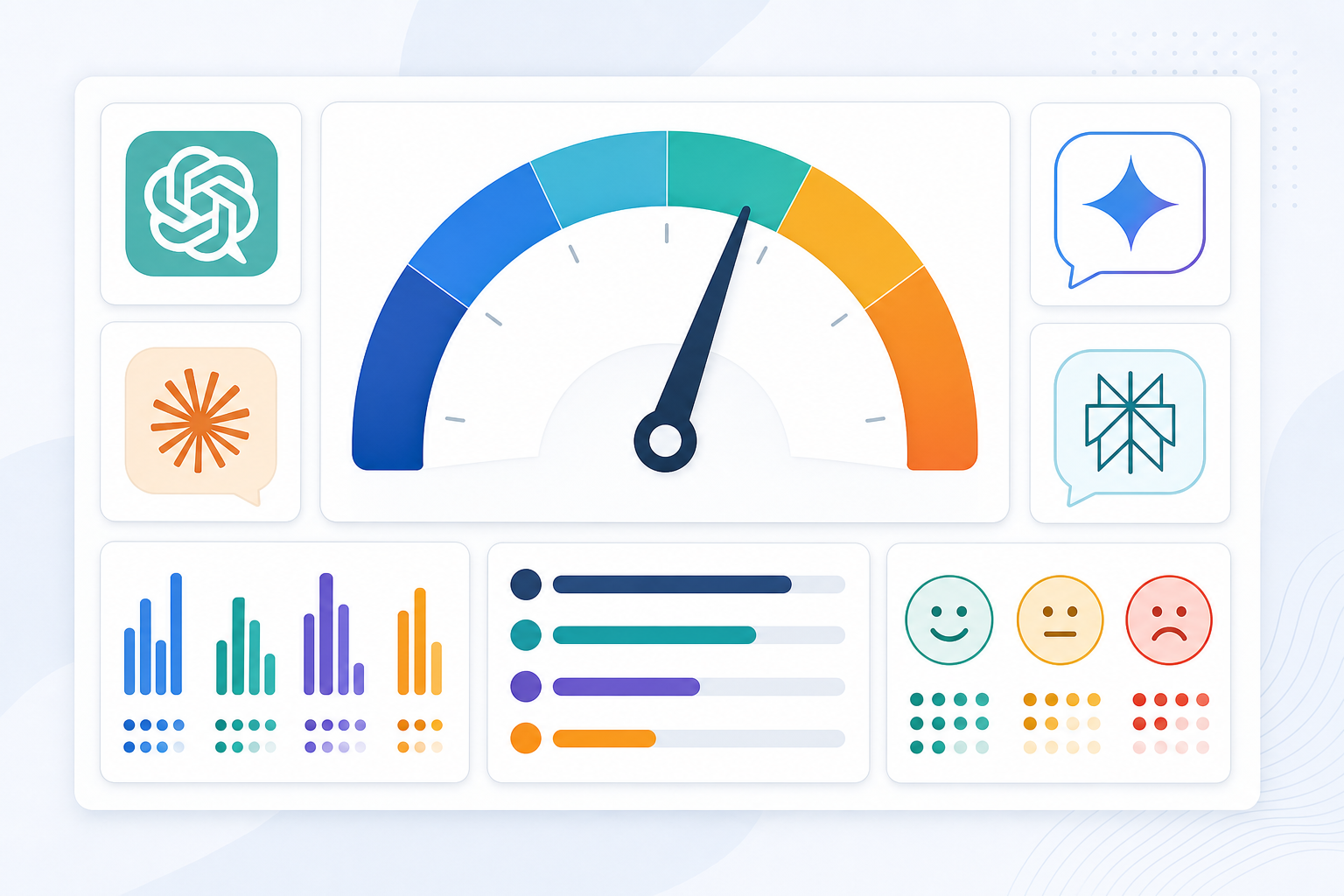 Illustration: A dashboard-style mockup showing an AI visibility score gauge from 0 to 100 alongside citation counts, share of voice bars, and sentiment indicators across ChatGPT, Claude, Gemini, and Perplexity logos for AI SEO vs Traditional SEO: What SaaS Brands Must Know