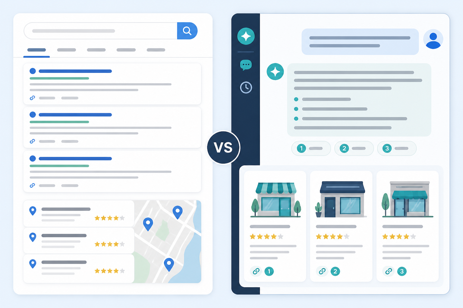 Comparison: Split-screen comparison of a traditional Google search results page next to an AI chatbot answer citing three local businesses for AI SEO vs Traditional SEO: What Small Businesses Should Know