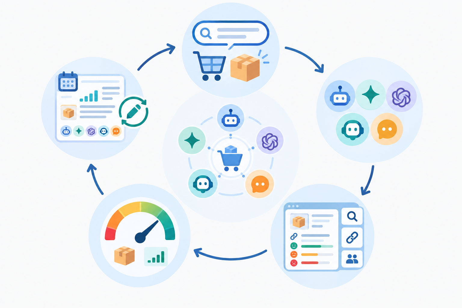 Diagram: Diagram of a monitoring loop: generate buying questions, run daily across ChatGPT, Claude, Gemini, Copilot and Perplexity, record mentions, citations, sentiment and competitors, calculate a 0-100 visibility score, review weekly digest for AI Shopping Assistants Are Reshaping Ecommerce Product Discovery