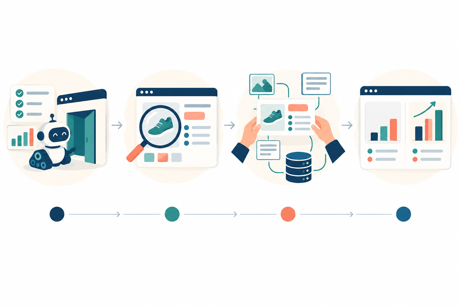 Infographic: Four-week timeline infographic showing the checklist by week: baseline testing and crawler access, product page audit, source and content work, re-measurement against baseline for AI Shopping Assistants Are Reshaping Ecommerce Product Discovery