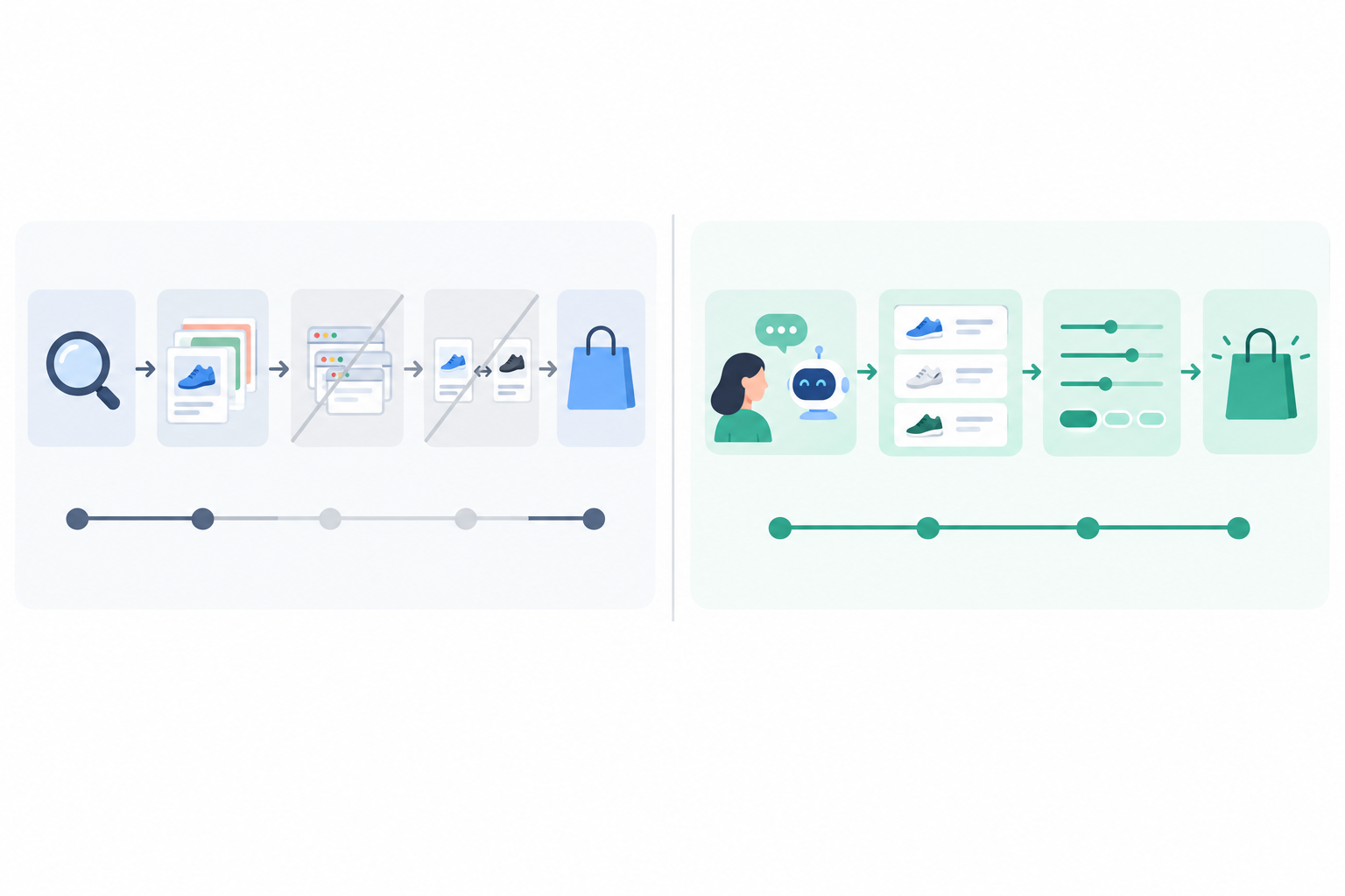 Diagram: Side-by-side flow diagram comparing the traditional shopping journey (search, scroll results, open multiple tabs, compare, buy) with the AI-assisted journey (ask a question, receive a shortlist, refine, buy), highlighting the stages that disappear, clean flat design with labelled steps for AI Shopping Assistants Are Reshaping Ecommerce Product Discovery