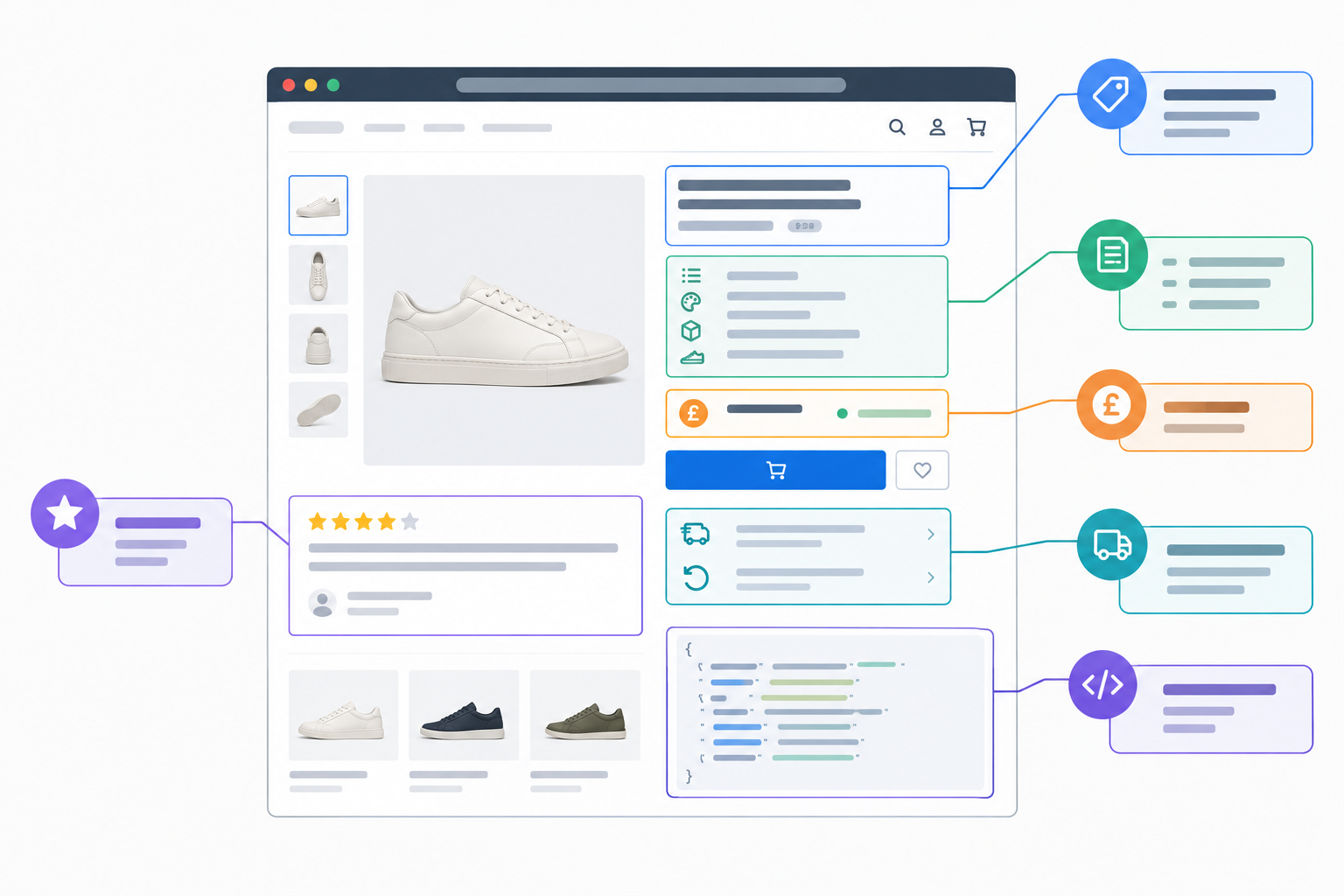 Illustration: Annotated product page mock-up labelling the elements assistants can read and verify: product title and identifiers, specifications in plain text, GBP price and stock, delivery and returns, reviews, and structured data, clean flat design for AI Shopping Assistants Are Reshaping Ecommerce Product Discovery