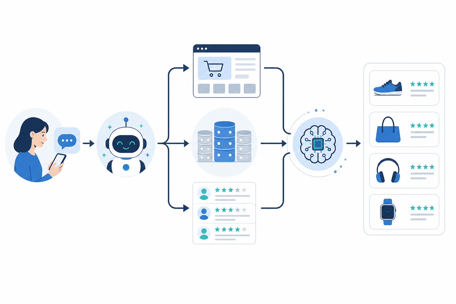 Chart: A clean flowchart diagram showing the journey from a shopper's question into an AI chatbot, through data sources like crawled websites, structured data, and third-party reviews, ending in a final shortlist of 3-5 recommended products, minimalist infographic style with blue and grey tones for AI Shopping Assistants: What E-commerce Brands Must Know