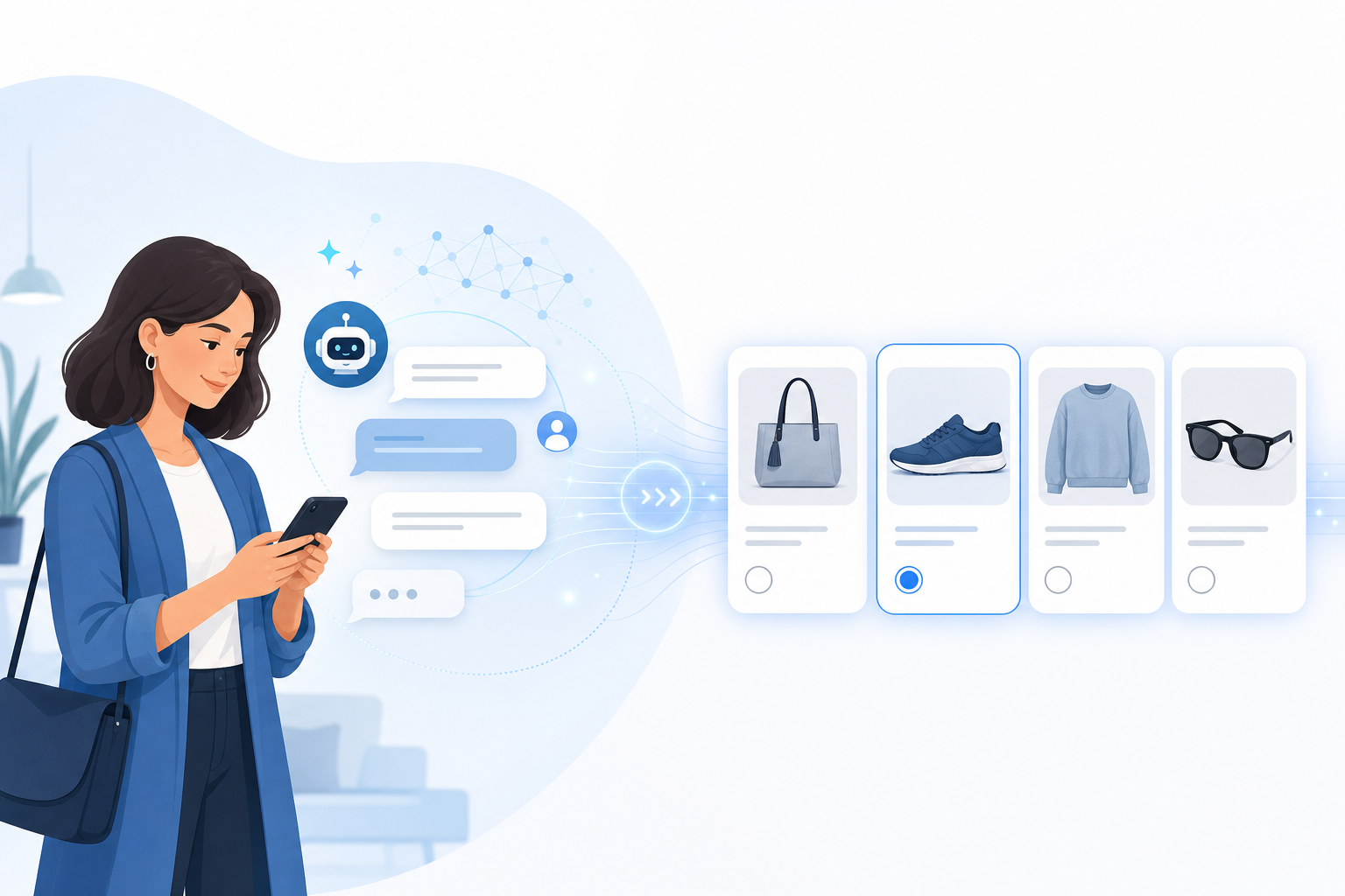 Illustration: A wide header illustration showing a shopper's smartphone conversation with an AI assistant transforming into a shortlist of product cards, modern editorial style, blue and grey tones for AI Shopping Assistants: What E-commerce Brands Must Know
