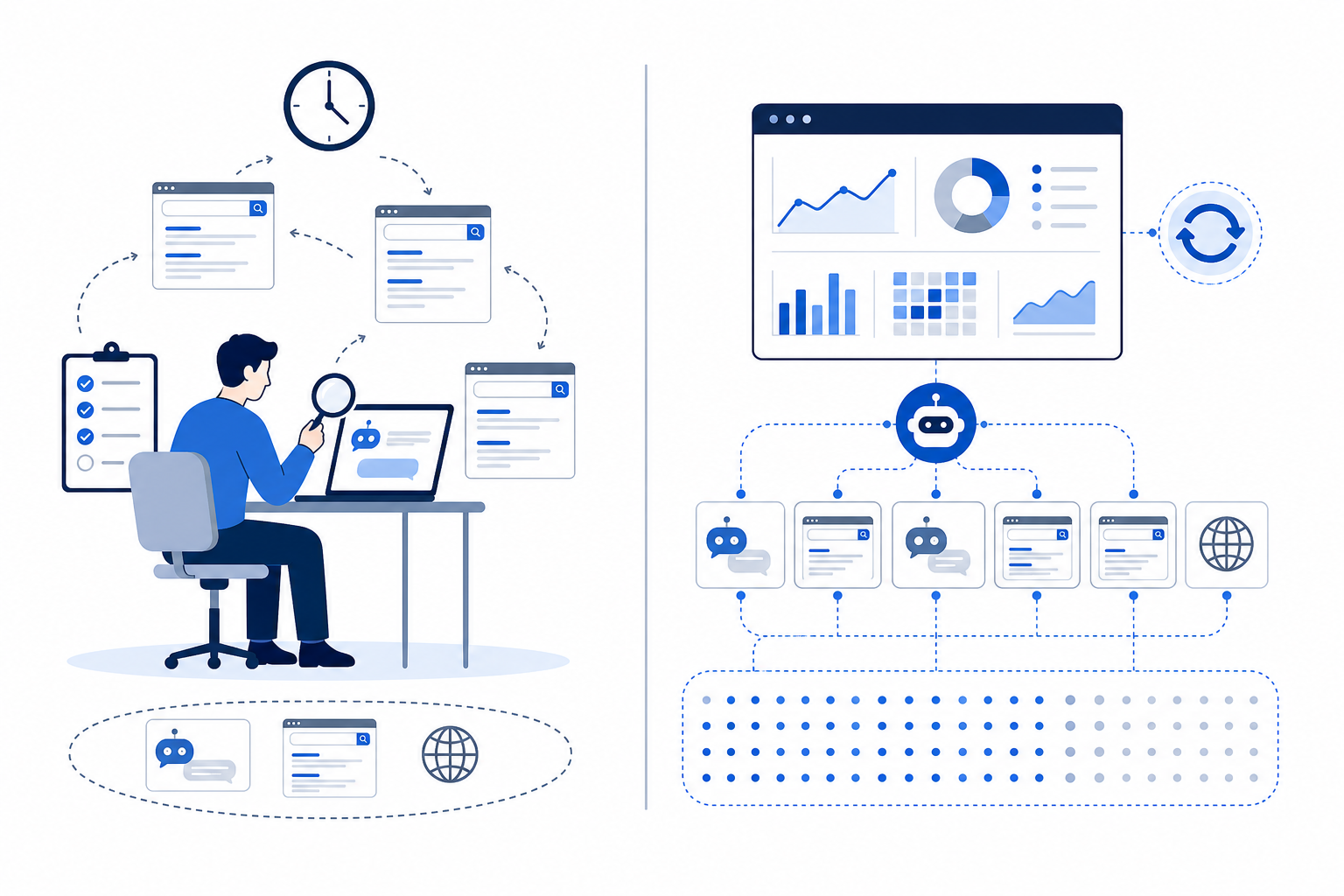 Infographic: A side-by-side comparison graphic contrasting manual checking against automated monitoring, showing effort, coverage, and repeatability differences — clean two-column infographic style with blue and grey tones for AI Visibility 101: Why Solo Founders Can't Ignore ChatGPT
