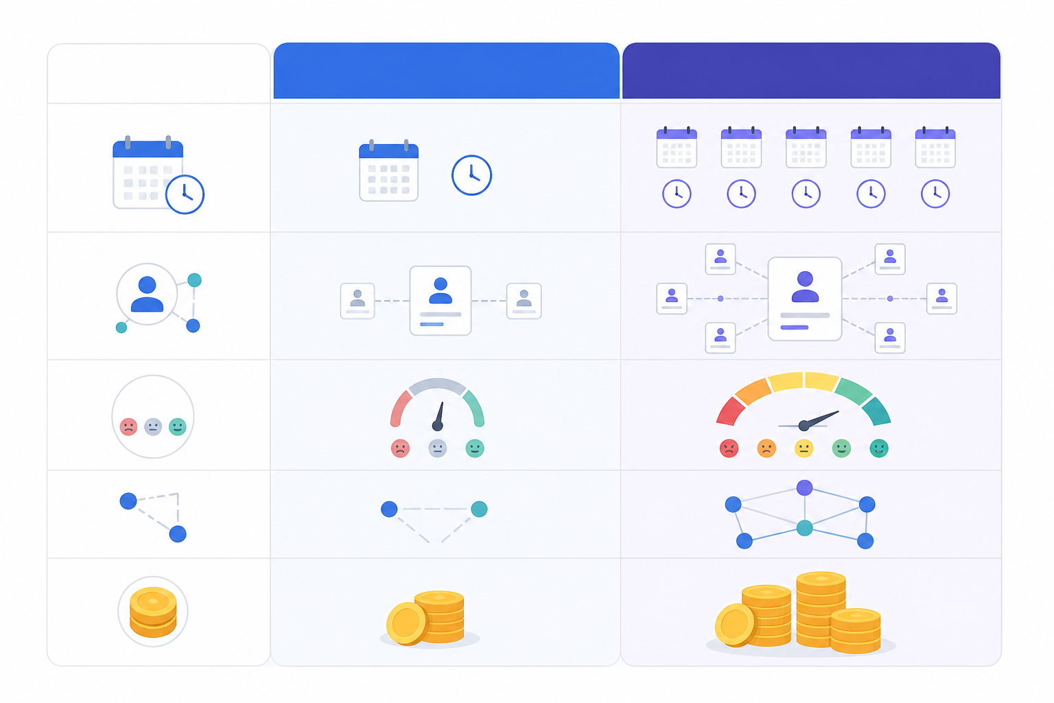 Comparison: A clean comparison table graphic contrasting 'Trial / Budget Monitoring' versus 'Full Monitoring Plan' across rows like query frequency, competitor depth, sentiment analysis, API access, and cost, minimalist SaaS dashboard style for AI Visibility Monitoring on a Solo Founder's Budget